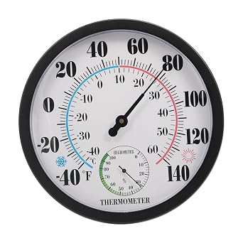 Outdoor Thermometer Hygrometer, 10 Inches Round Black Wall Mount with Hanging Hole, Large Easy to Read Dial for Patio Garden Garage Home Measures Temperature and Humidity