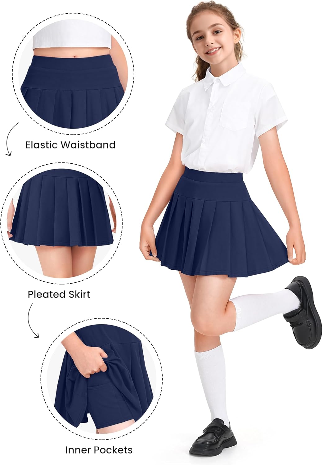 Girls Uniform Skirts Pleated Uniform Tennis Skort with Pockets for Toddler Girl 2-12 Years - Image 5