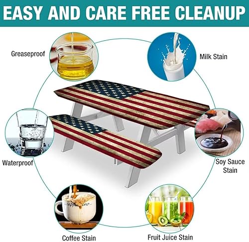 Miniatura 3 de Mantel rectangular de poliéster para el 4 de julio, con bordes elásticos retro de bandera americana, para cenas y patio al aire libre, para mesa de