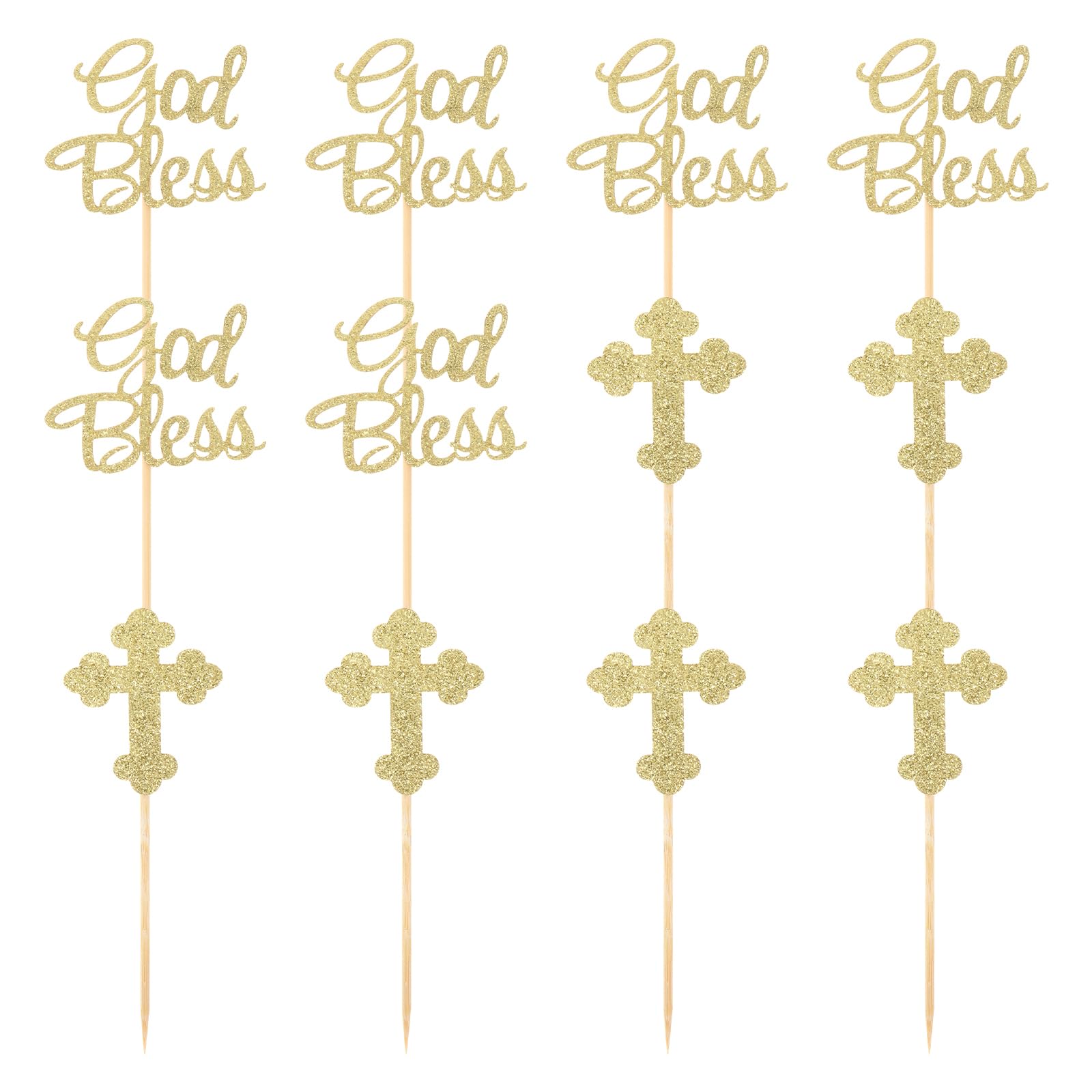 NUOBESTY 24pcs Golden God Bless and Cross Cupcake Toppers Glitter Cake Picks for Fruit Food Dessert Appetizer Baptism Christening Party Decors