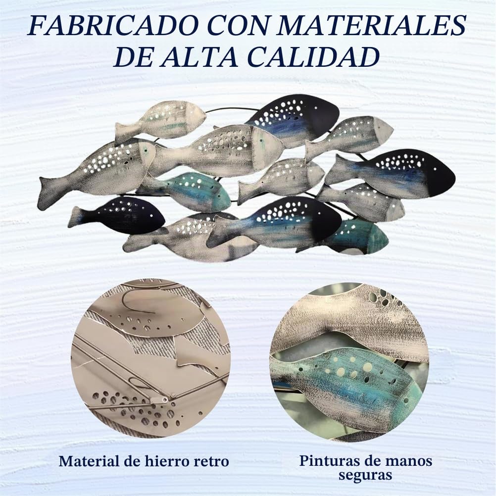 Decoración de Pared de pez de Metal con diseño costero oceánico, Escultura de pez 3D Grande de 127 x 50 cm, Arte Mural de Banco de Peces Pintado a Mano, decoración Colgante para Sala de Estar