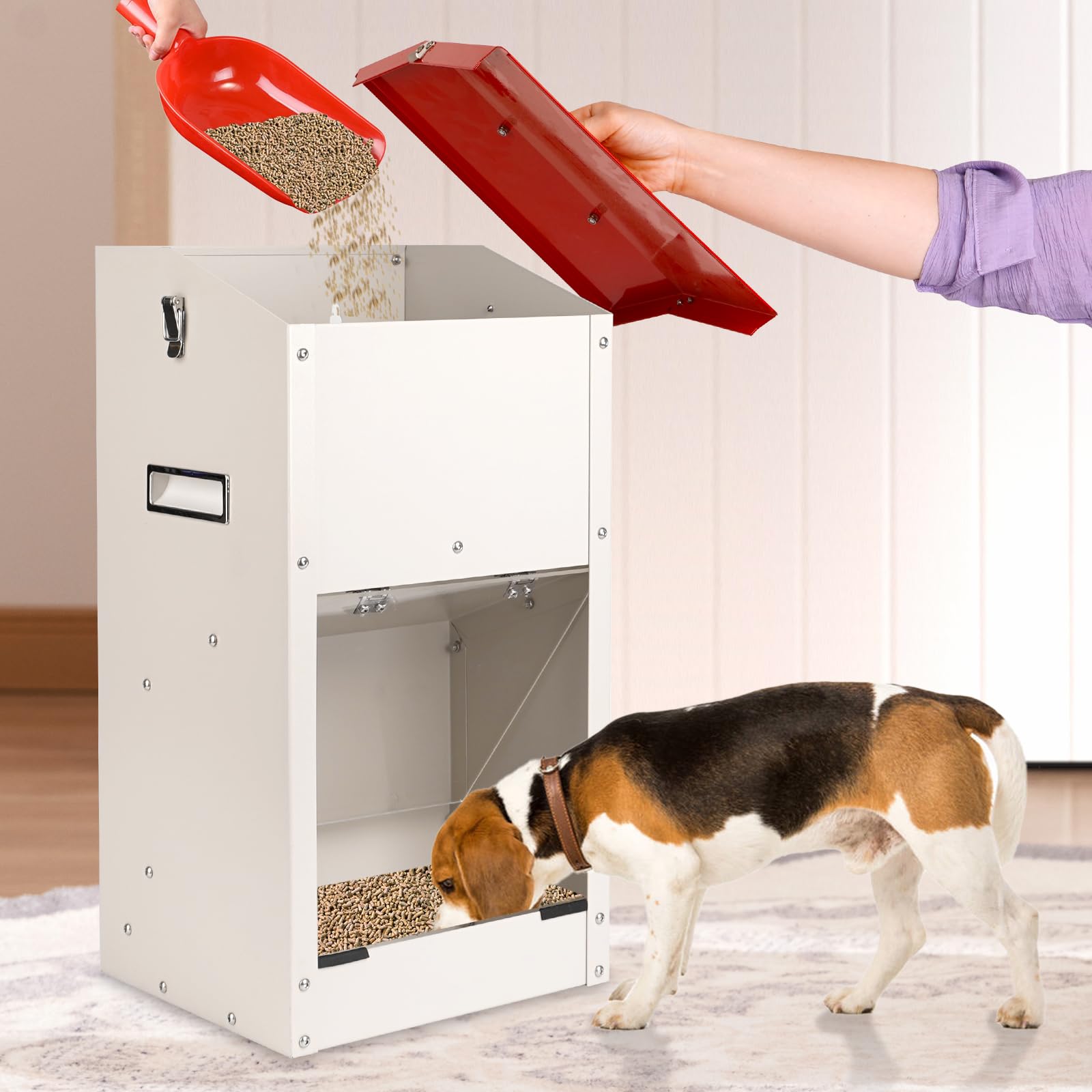 Comedero automático para perros, capacidad de 25 libras, con tapa para proteger la comida, diseño a prueba de roedores, adecuado para uso al aire libre