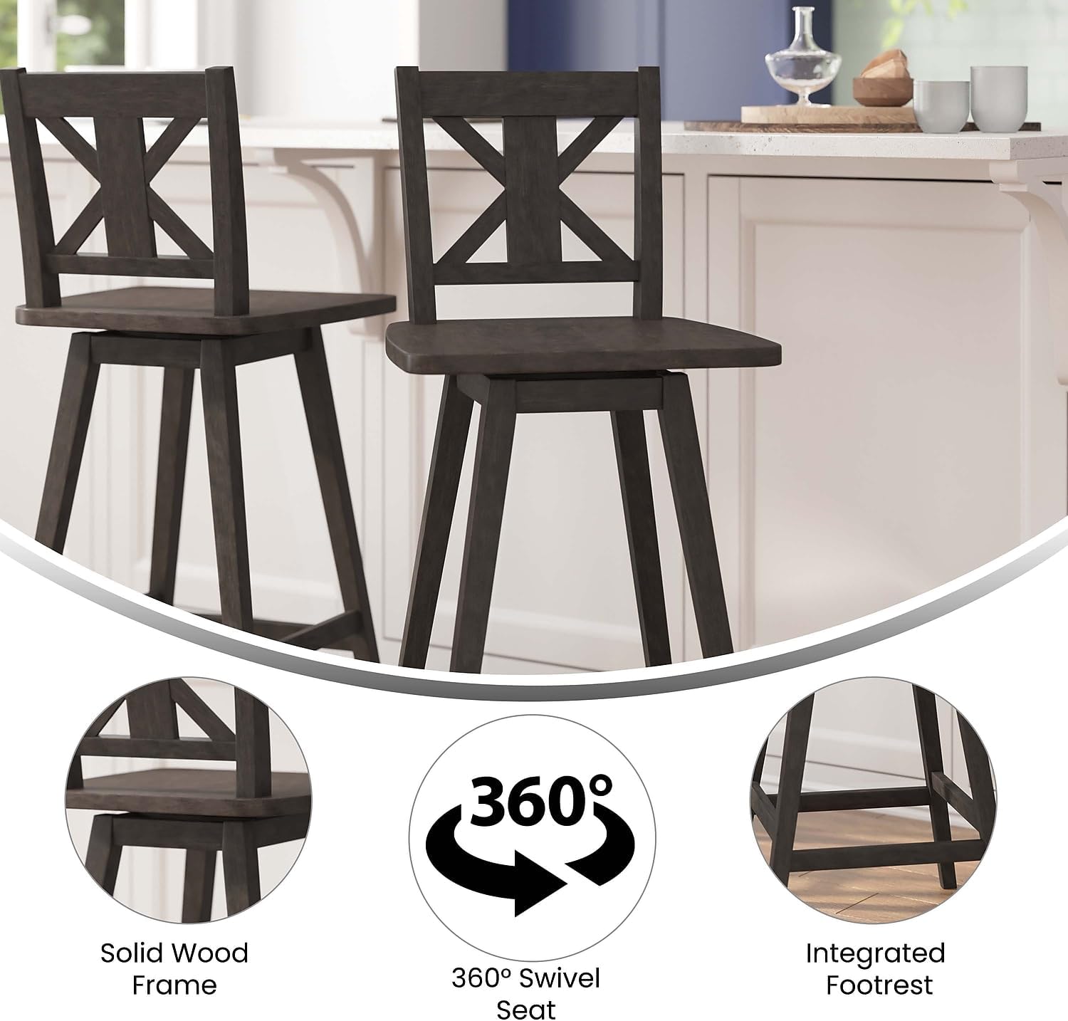 Flash Furniture Gwendolyn Commercial Grade Modern Farmhouse Barstool - Gray Wash Walnut Solid Wood Frame - Bar Height - 360° Swivel Seat - Integrated Footrest