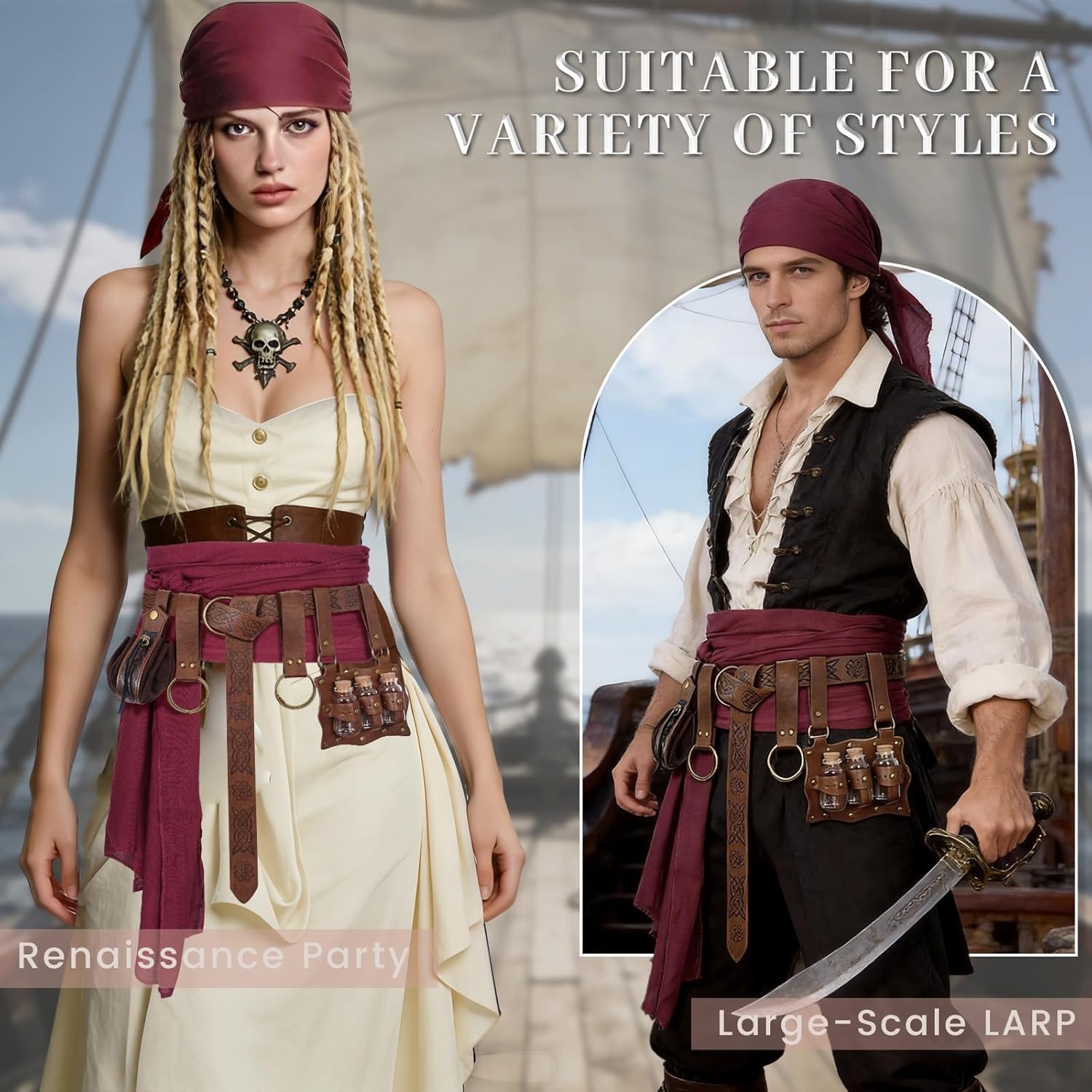 Pirate Costume Accessories Bandana Head Scarf Belt Set with Waist Sash, Skirt Hike & Coin Pouch for Women Men Cosplay - Image 2