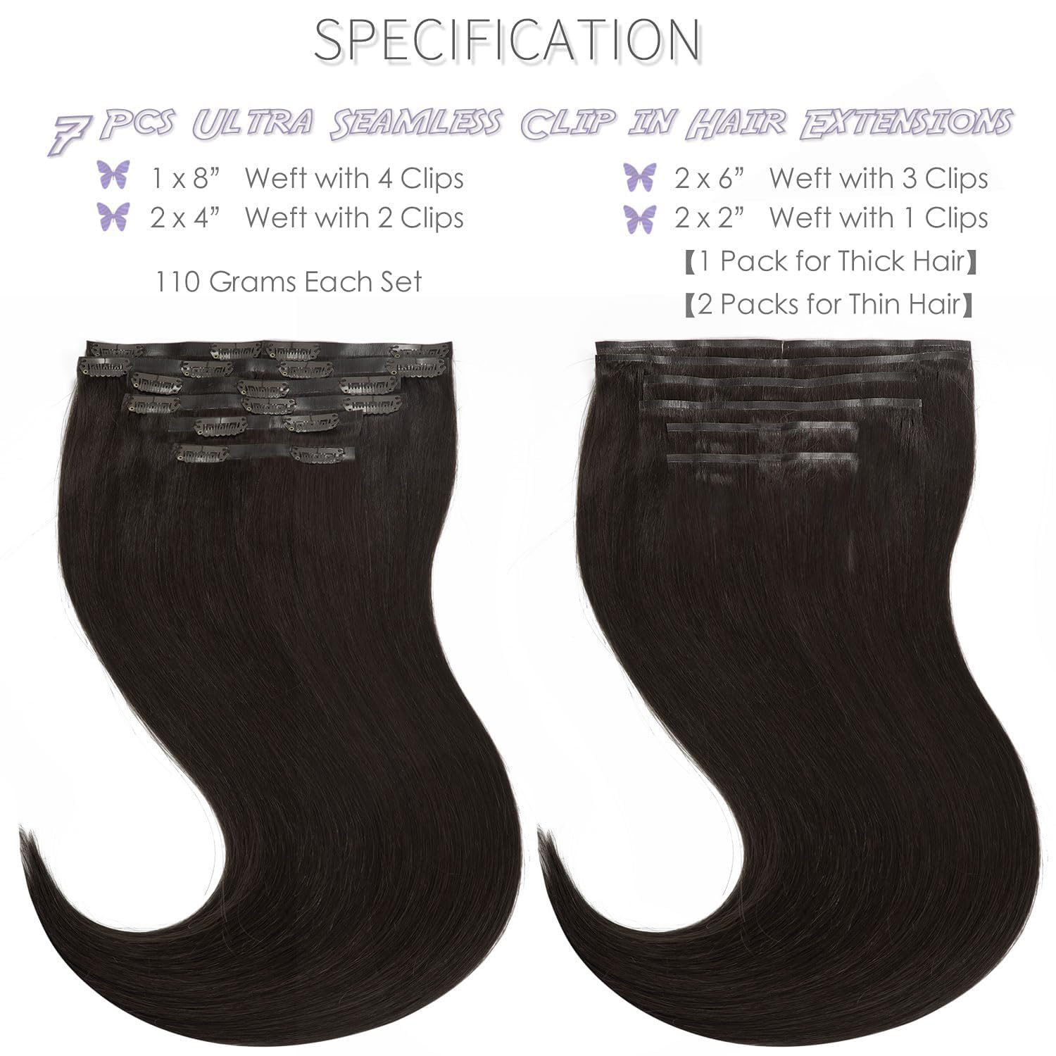 Lacer Hair Seamless Clip in Hair Extensions Human Hair 18 Inch 130g 7pcs Ultra Thin Invisible PU Weft Clip On Hair Extensions Darkest Brown With 18 Clips For Women