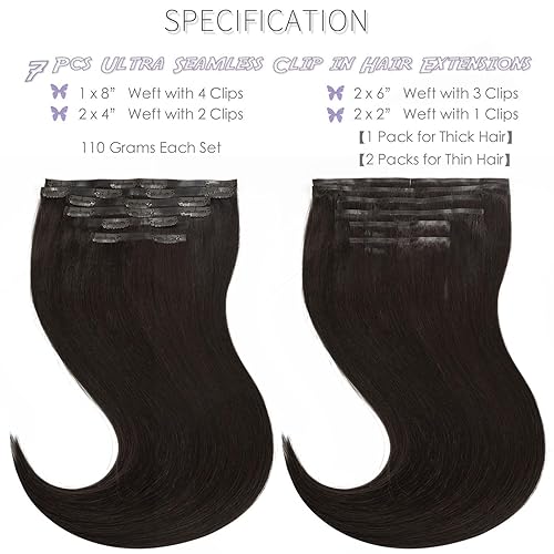 Vista 20 de Lacer Extensiones de cabello humano con clip, de doble trama, cabello brasileño de cabeza completa, color negro azabache, extensiones de cabello