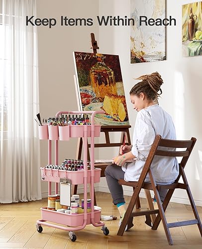 Miniatura 3 de Pipishell Carrito rodante de 3 niveles con ruedas, carrito de almacenamiento rodante con 3 tazas colgantes y 4 ganchos, carrito de utilidad móvil,