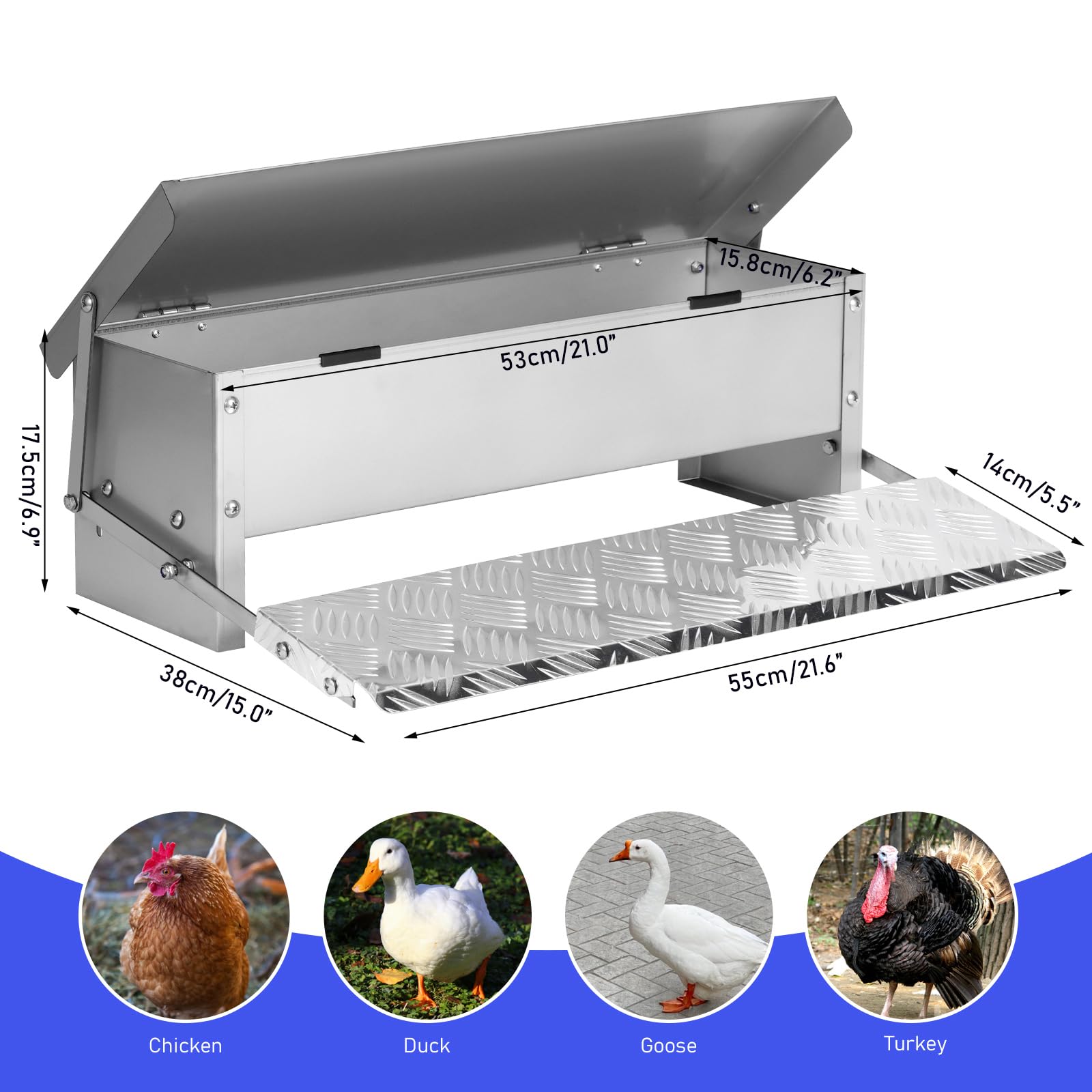 Comedero automático para pollos, 5 kg, con pedal para aves de corral, cuchara de comida para aves de corral, sin residuos, acero inoxidable, apertura automática para pollos, patos, pavos