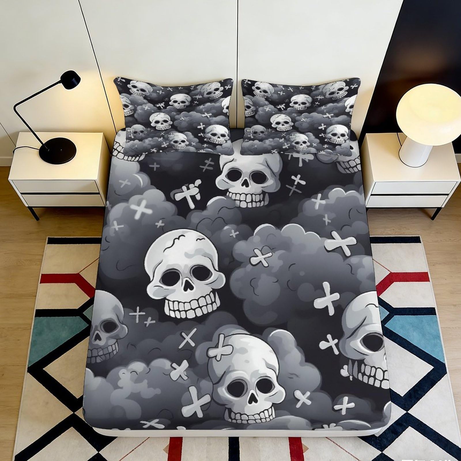 3D Printed Skull Cloud Fitted Sheet Microfiber Black Gothic Bed Cover for Bedroom Guest Room Mattress Protection 90x200x25cm