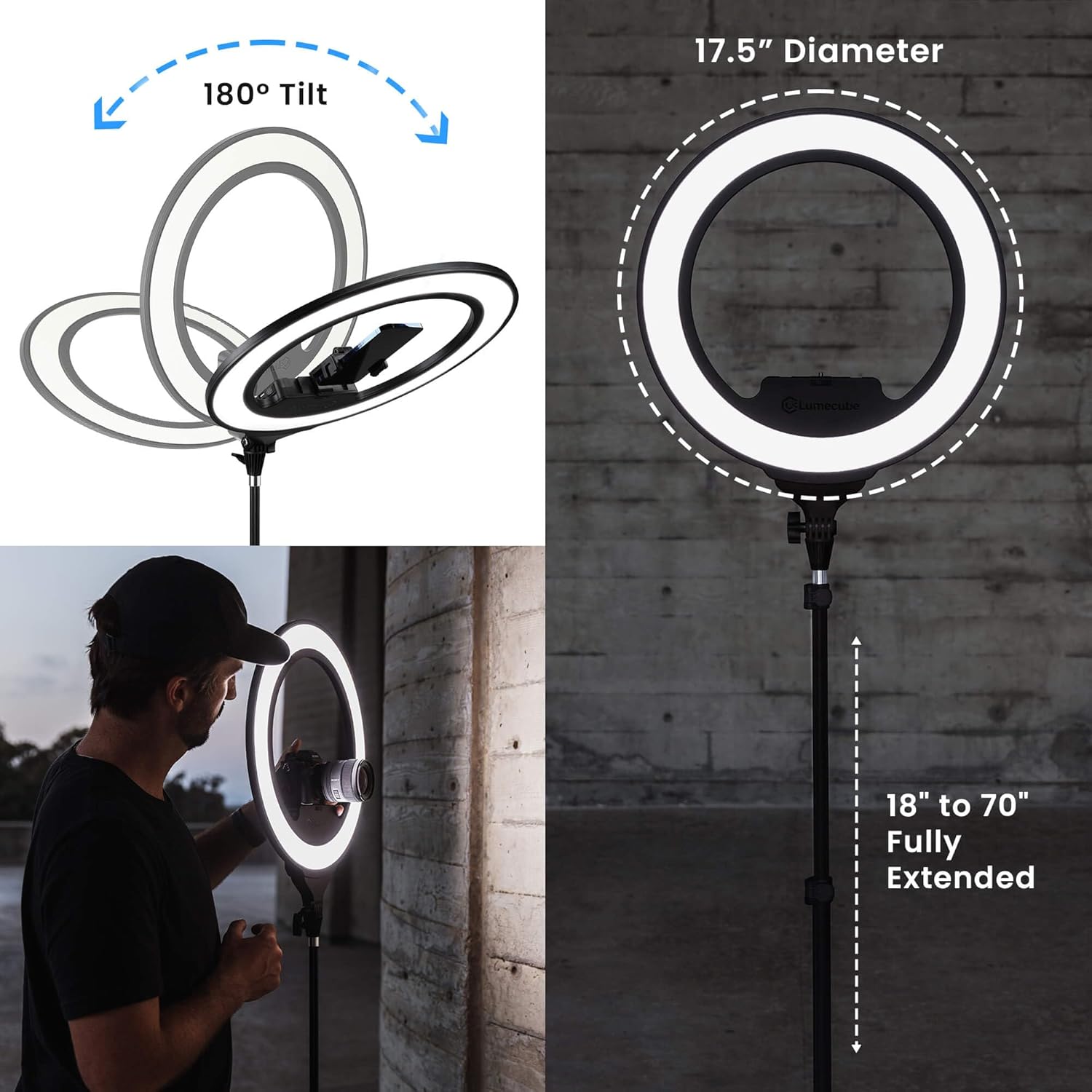 Demonstration of the 180-degree tilt and 18-inch to 70-inch height adjustment of the Lume Cube Ring Light Pro.