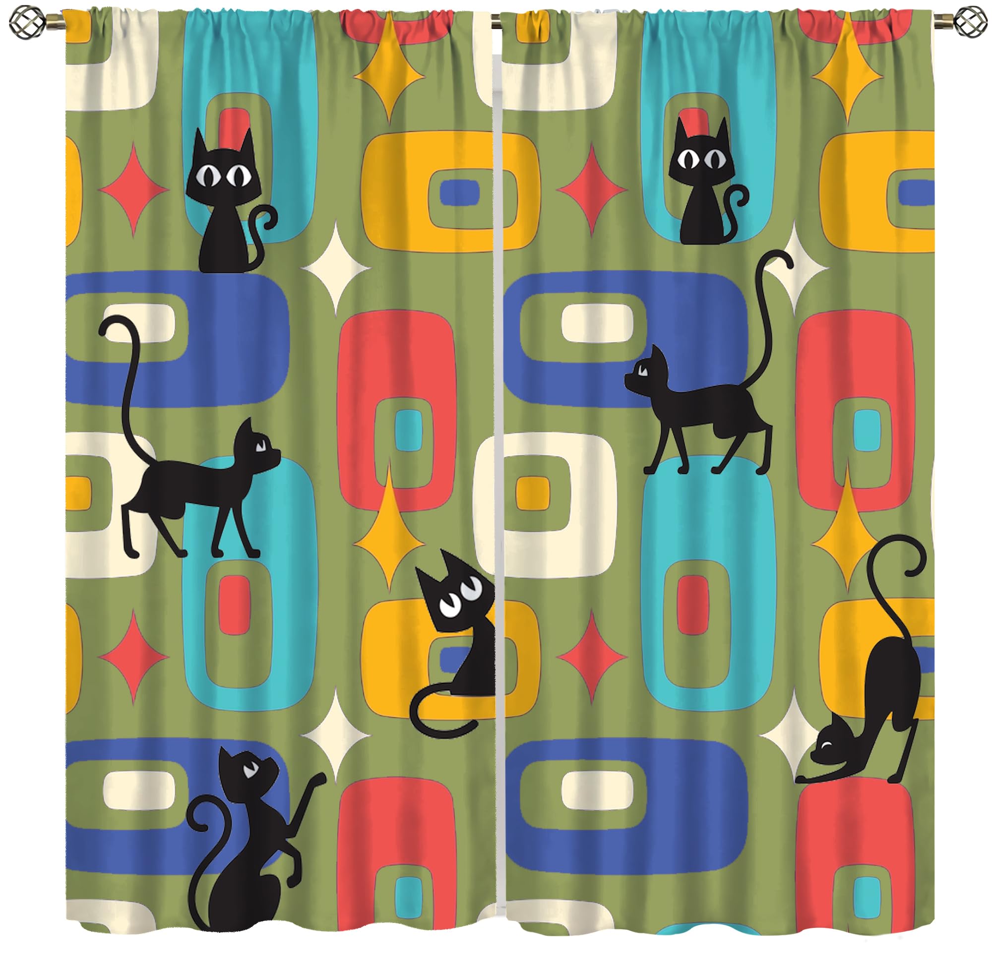 SENRUEGT Mid Century Cat Curtains for Kids Bedroom,Modern Abstract Geometric Pattern 1950s Vintage Funny Black Cartoon Animal Drapes 63x72in