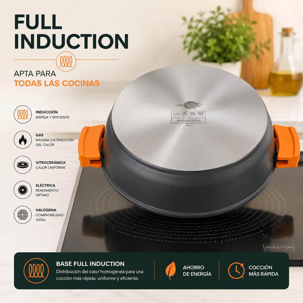 WECOOK Cazuela Baja Ecochef Titanio, 28 cm, 5 L, Negro, Inducción | Antiadherente QUANTANIUM 5 capas sin PFOA, Aluminio fundido 5 mm, Apta horno 230°C, Tapa vidrio templado, Lavavajillas
