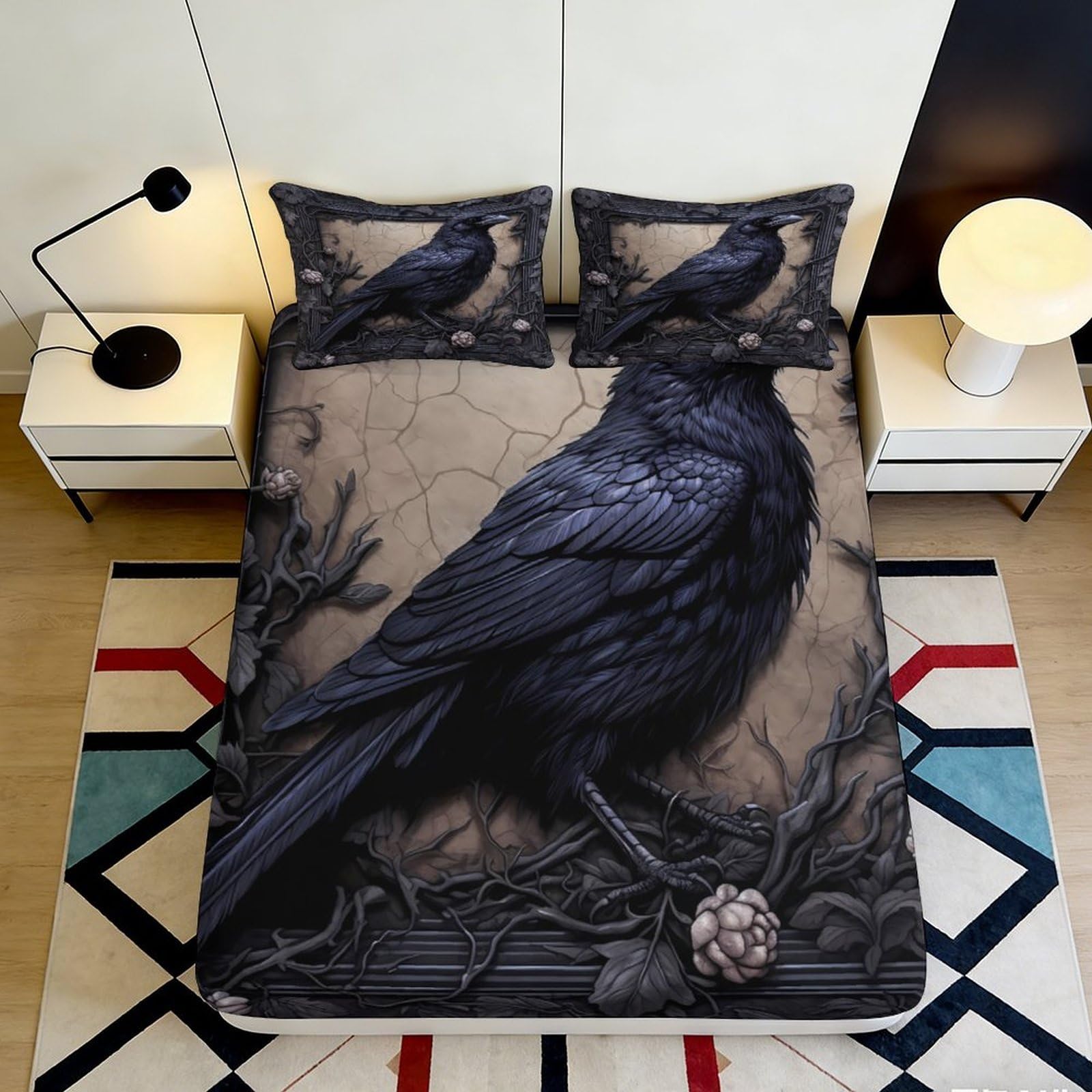 3D Printed Black Raven Fitted Sheet Microfiber Soft Durable Gothic Bird Bed Sheet for Bedroom Dormitory Guest Room Mattress Protection Decor 120x200x25cm