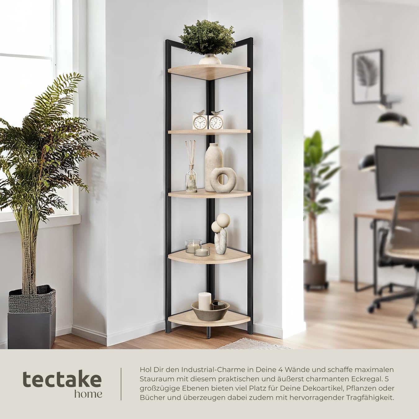 tectake® Eckregal stehend, Nischenregal mit 5 Ebenen, Wandregal Holz, Industrial Bücherregal, Eckschrank, Leiterregal, Zimmer Deko, 30 x 30 x 150 cm - Industrial Holz hell, Eiche Sonoma