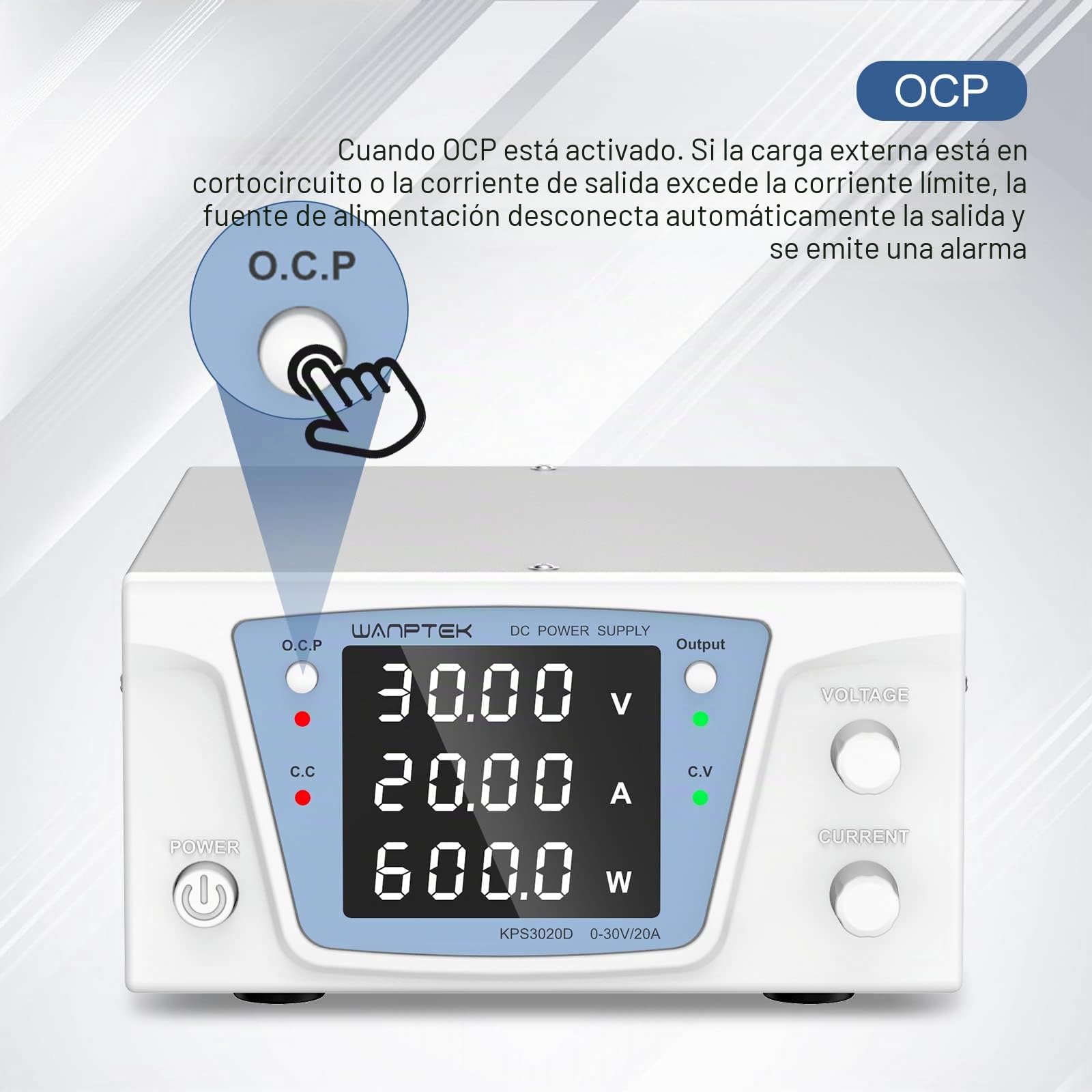 Fuente de alimentación Regulable CC 0-30V/0-20A,Fuente de alimentación Laboratorio con botón Output, Pantalla Digital LED de 4 dígitos con Alta precisión,Ajuste de codificador