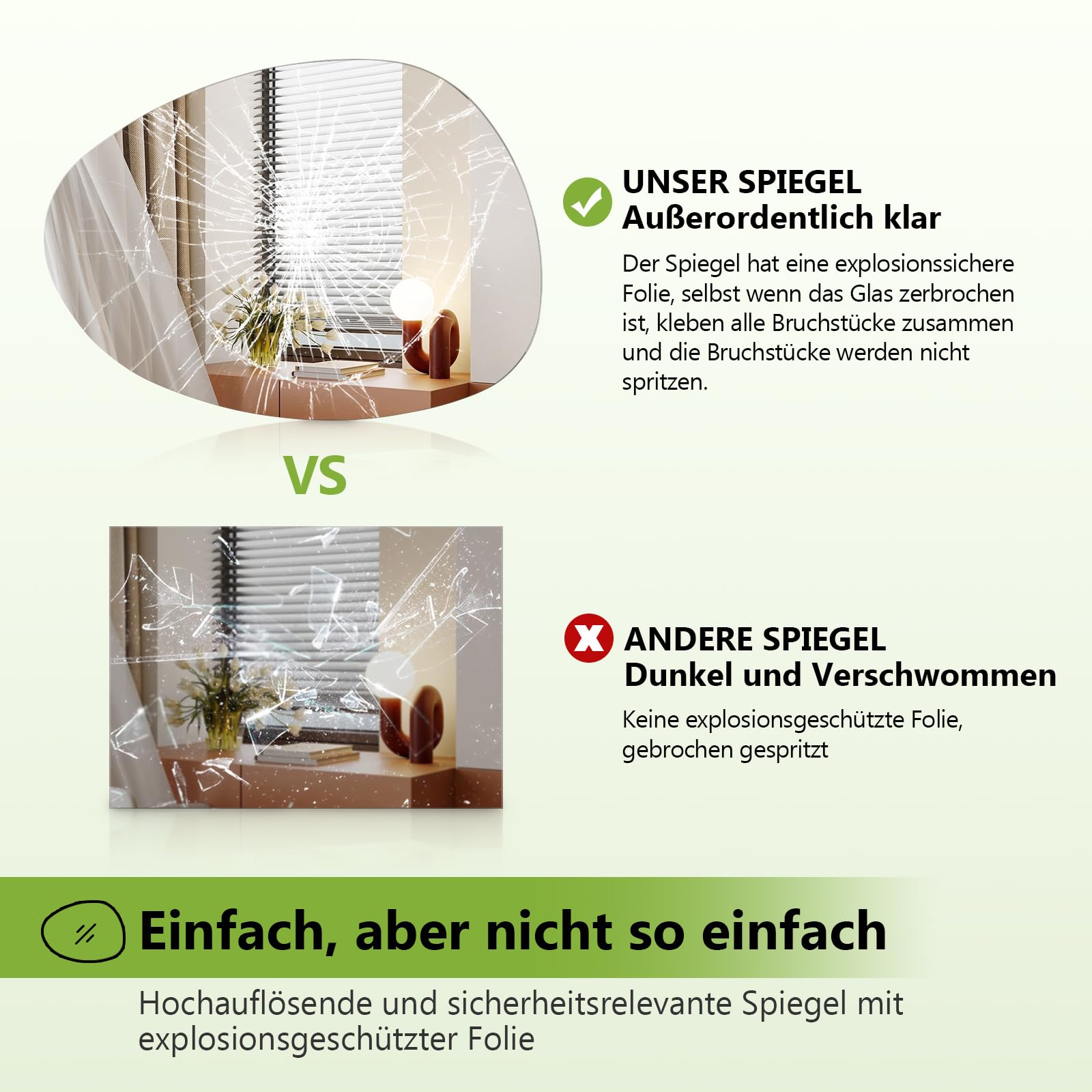 S'AFIELINA Asymmetrischer Spiegel 75x55 cm, Rahmenloser Wandspiegel | Organischer Spiegel für Badezimmer und Gäste-WC, Kupferfreies HD-Glas, Splitterschutz, Hoch- und Querformat montierbar
