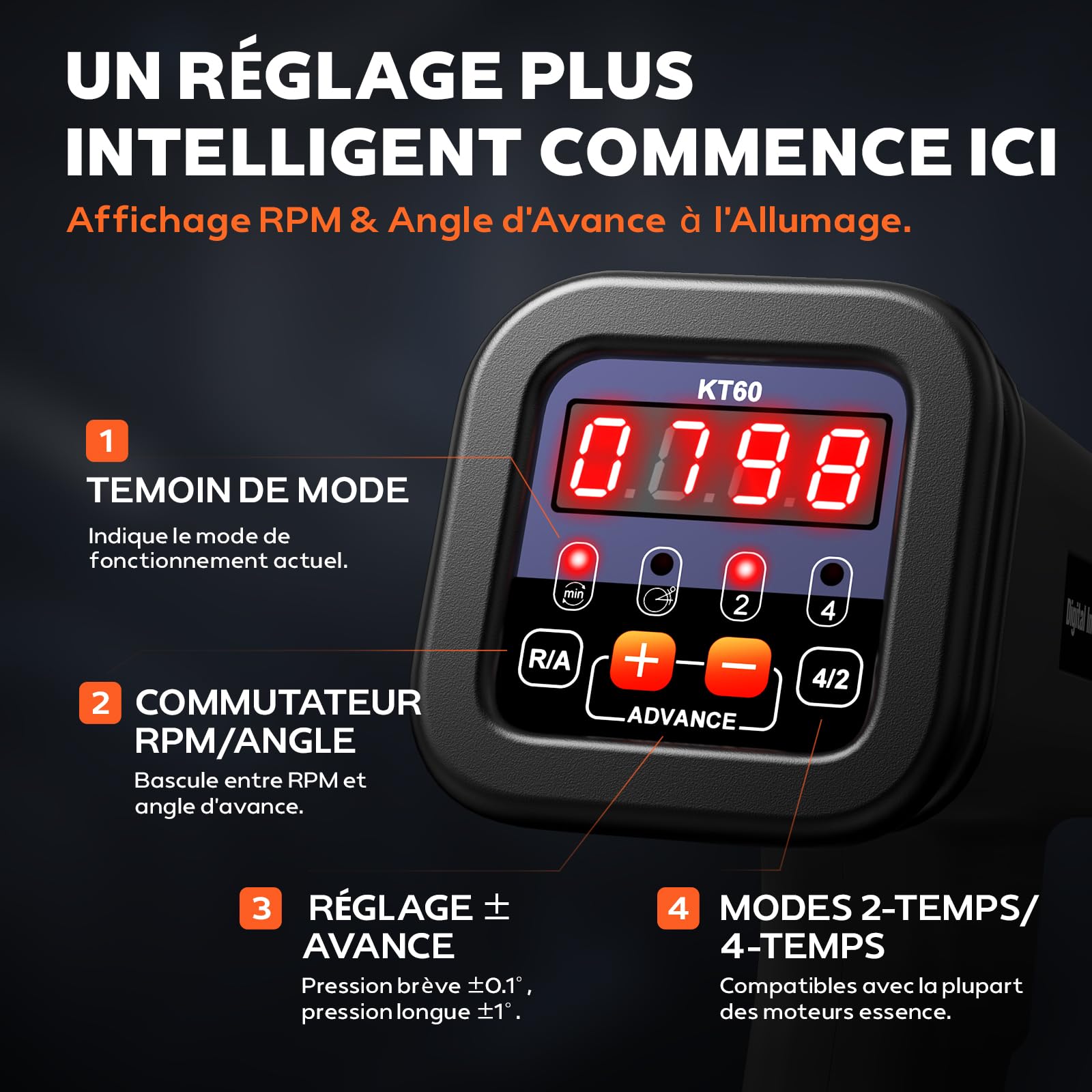 KZYEE KT60 Lampe Stroboscopique Allumage 12V Pistolet D'allumage Inductive 2/4 Temps Engine Timing Light avec Ecran LCD Pistolet Flash Portable Lampe Stroboscope pour Voiture, Moto, Marine