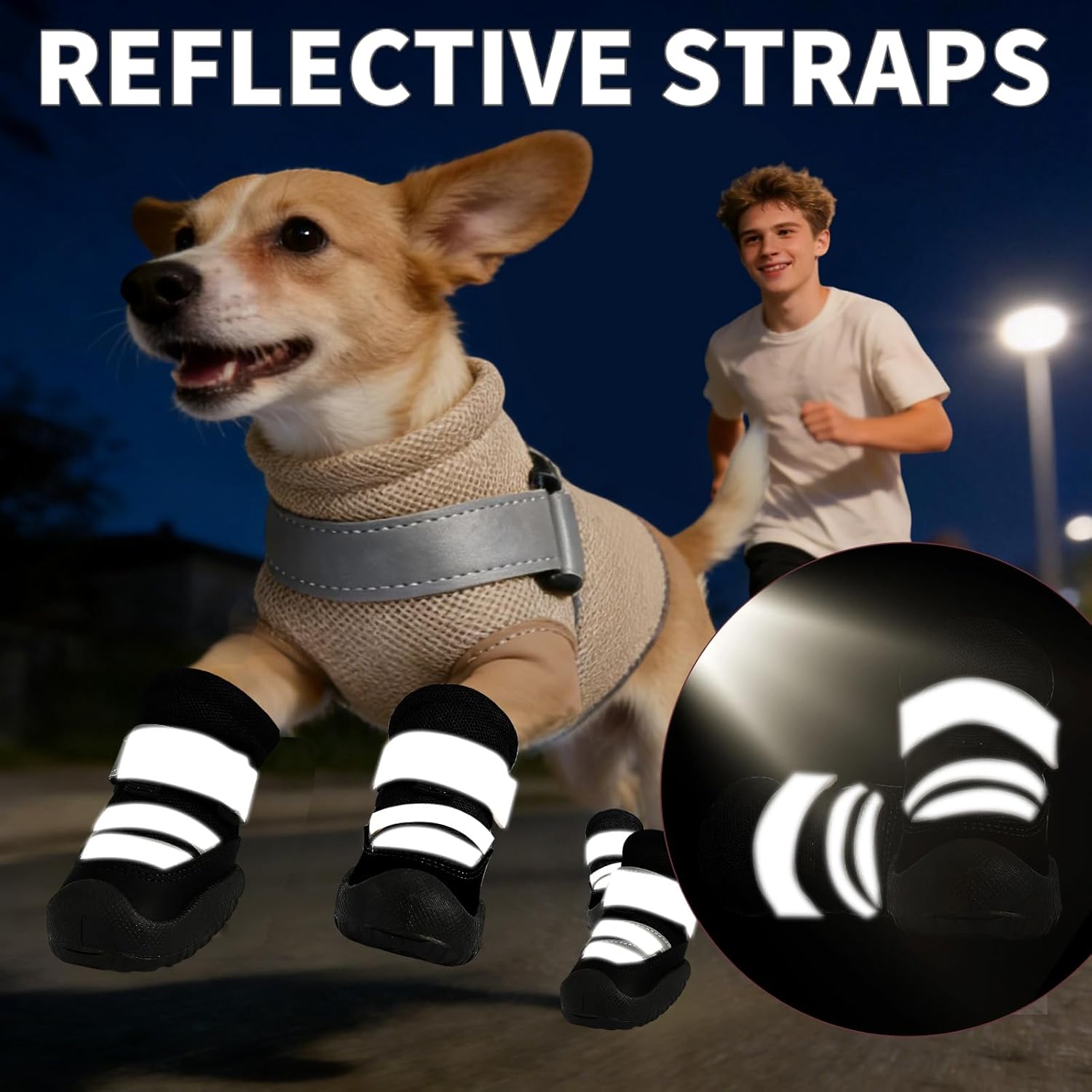 Dog Boots, Waterproof Dog Shoes with Reflective Straps, Rugged Anti-Slip Sole Paw Protectors for Medium Large Dogs, Breathable Pet Booties for Hot Pavement, Snow, Hiking, 4Pcs