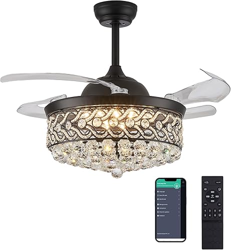 DuMaiWay Ventilador de techo moderno de 36 pulgadas con aspas retráctiles negras con luces, lámparas regulables, kit de luz de ventilador de araña