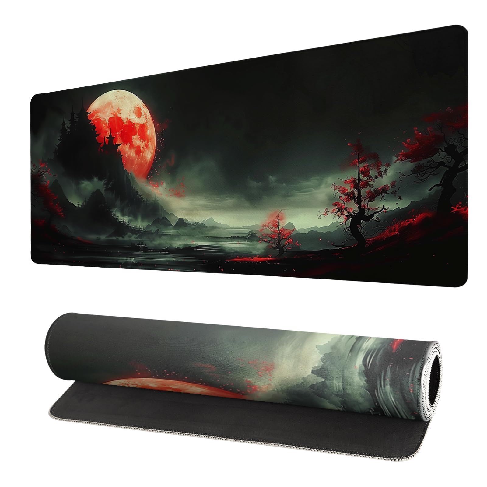 Extended Gaming Mouse Pad, Large Desk Mat XL Anime Mouse Pad Waterproof with Stitched Edges, Non-Slip Desktop Pad for Home and Office, Level Up Your 31.5x11.8 Inch (Red Moon)