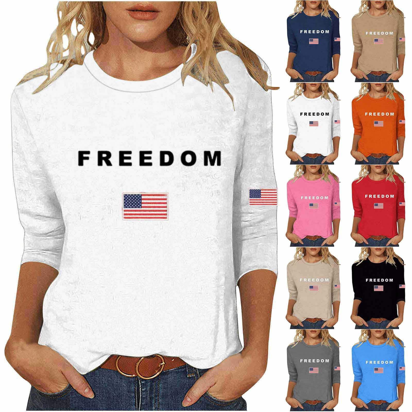 Rkwins Freedom Shirt for Women 3/4 Sleeve American Flag Tshirt Crewneck Pullover Tops Casual Tunic Blouse Fashion Tee Shirt
