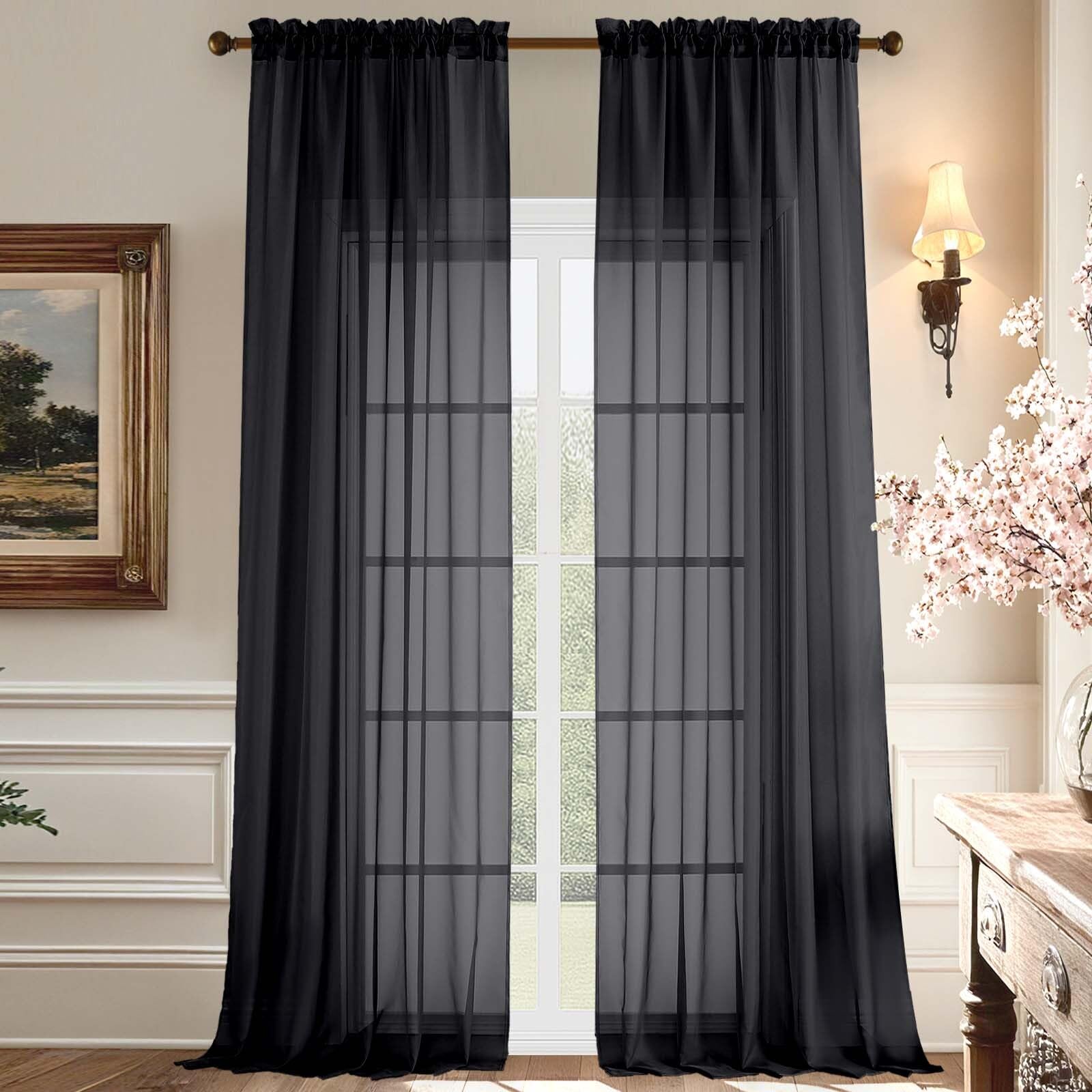 Aiyufeng 108 Inch Black Sheer Window Curtains for Farmhouse, Rod Pocket Voile Window Treatment Vertical Panels for Study Room/Bedroom/Living Room, Black, W59 x L108, 2 Panels โ image 1