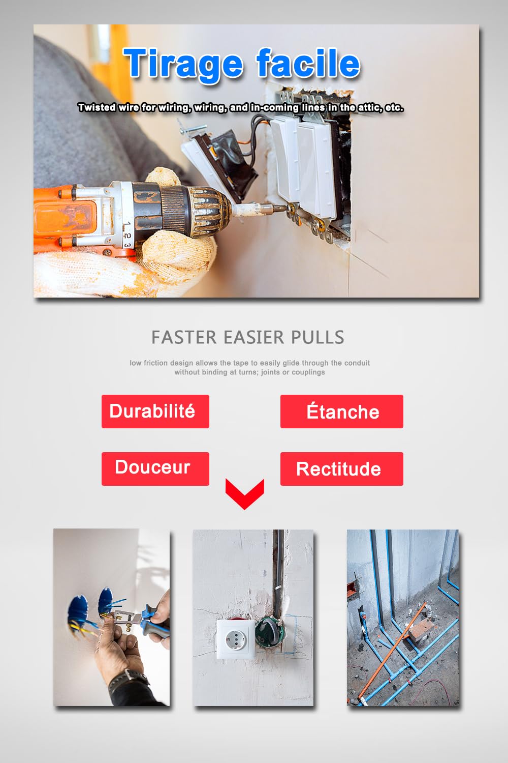 Extracteur de Fil Ruban en Fibre de Verre 30m Φ 4.0mm - Outil de Tirage de Câbles Électriques avec Étui de Rangement - Double Gamme pour Câblage Grenier, Réseau LAN et Tuyaux【30M】