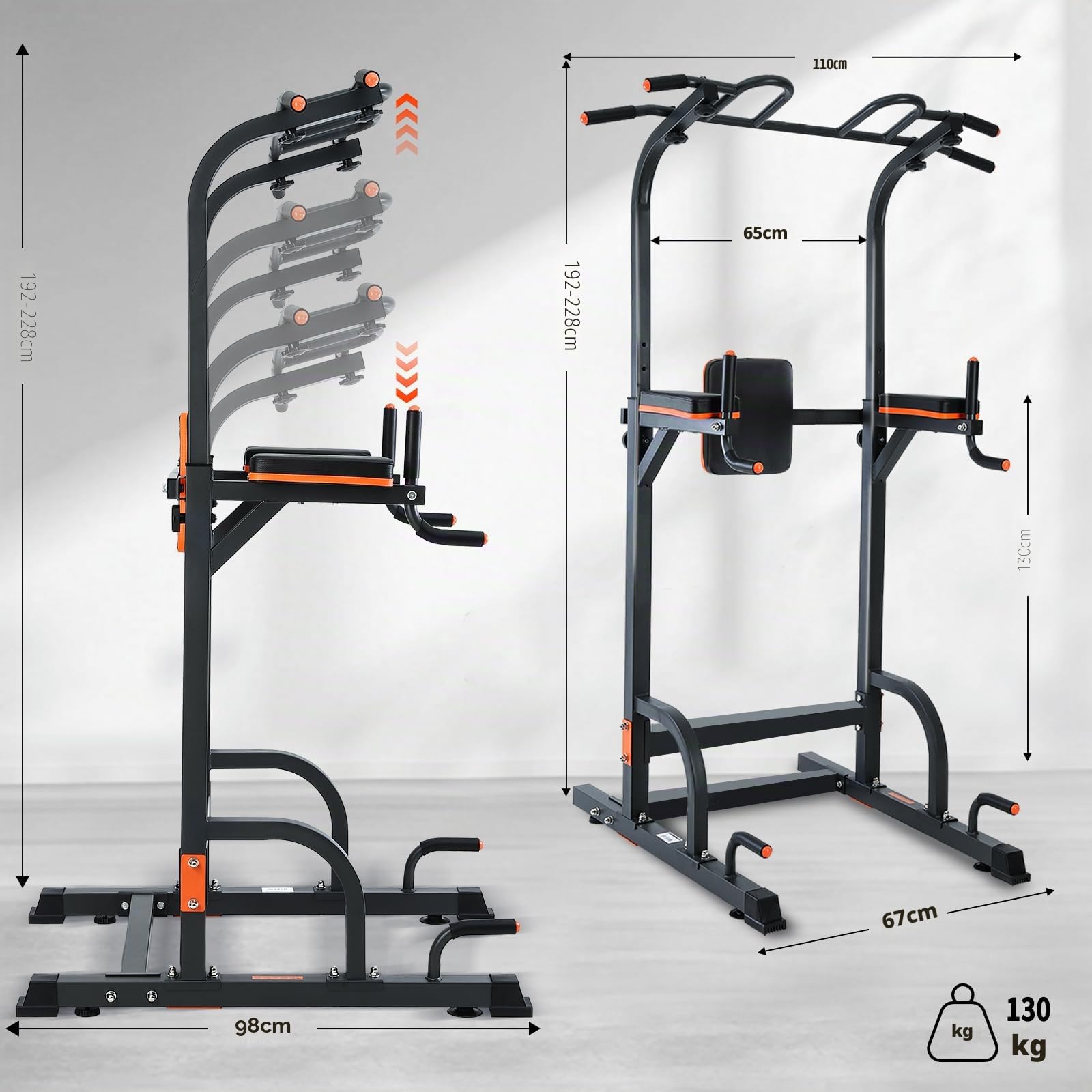 ISE Power Tower - Barra de tracción para silla romana de altura ajustable, multifunción, dips abdominales, estación de musculación para entrenamiento en casa, reposabrazos, fitness, 130 kg