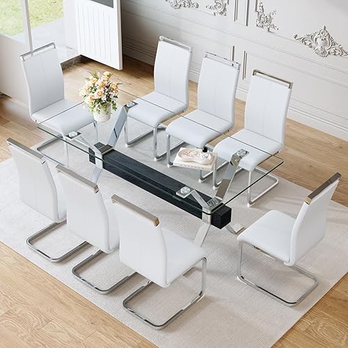 Miniatura 8 de Juego de mesa de comedor de cristal de 71 pulgadas para 6 personas | Juego de mesa de comedor moderno para 6 con sillas de piel sintética | Mesa de