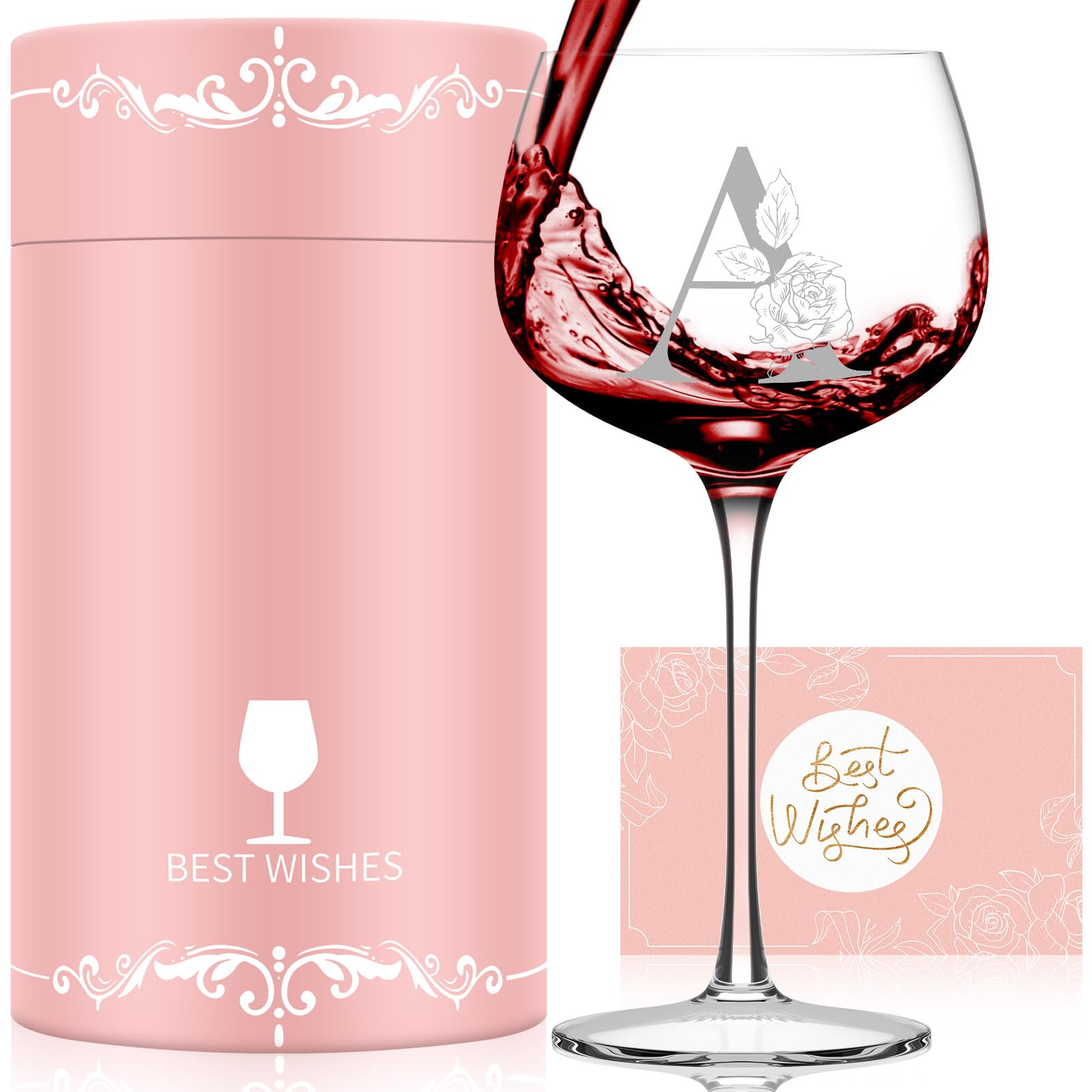 Gifts for Women, Friend, Mom, Wife,Her, Monogrammed A-Z Personalized Wine Glass Gift, Customized Gifts for Women Birthday, Christmas, Mothers Day, Valentine's Day Gifts (A)