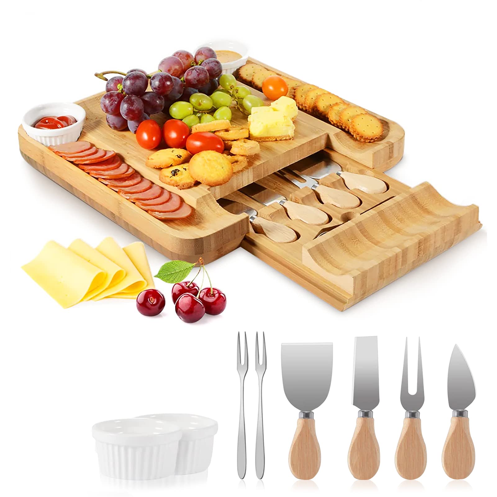 Cheese Board with 4 Pieces Knife Set I Bamboo Charcuterie Board I Wooden Cheese Board I Charcuterie Board Set & Cheese Platter I Anniversary & Wedding Gift for Couple,Bridal Shower Gift