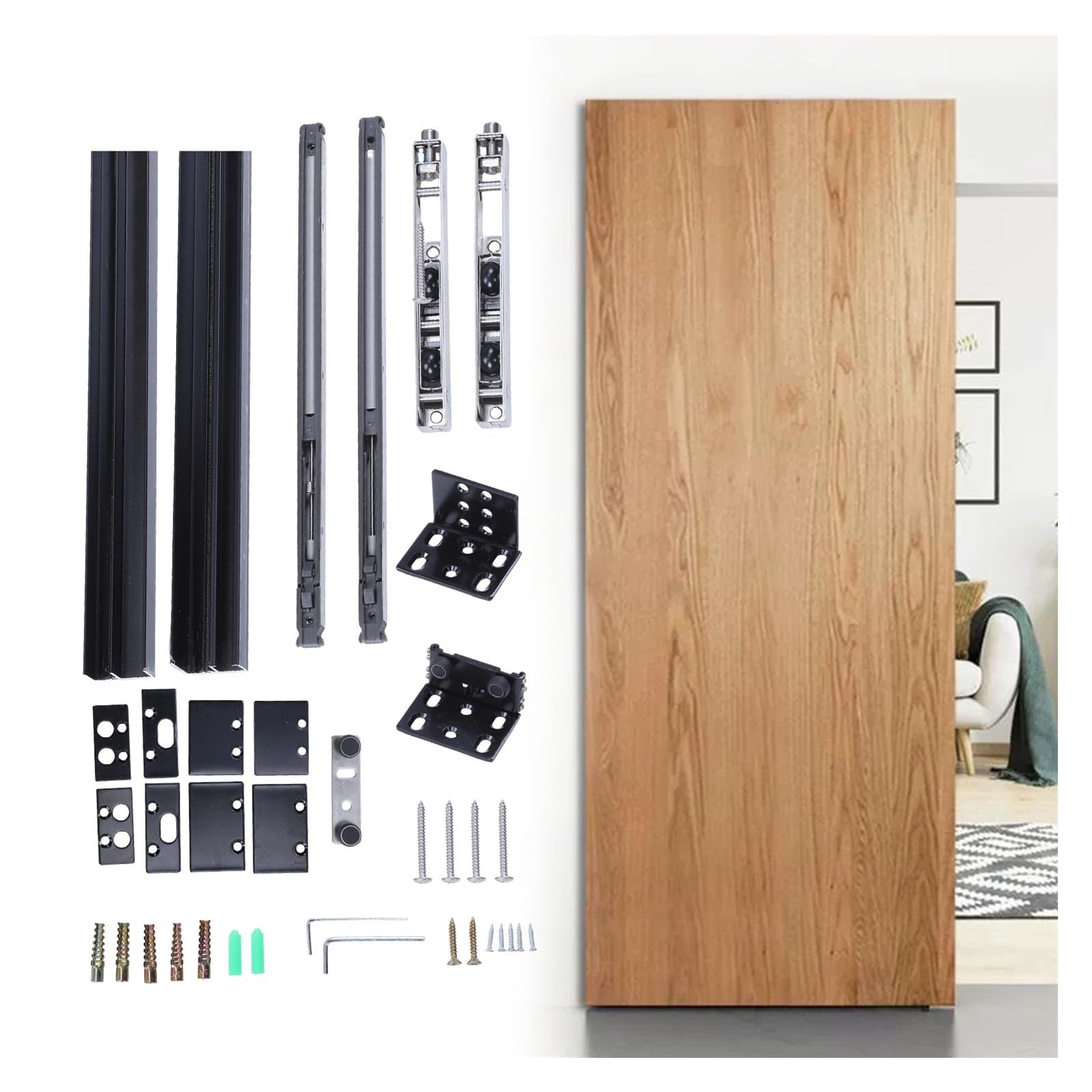 Kit corredizo para puerta de granero, Kit de herrajes for puertas corredizas Granero 59 pulgadas, carga máxima 176 libras, caja aleación aluminio, soporte pared for rieles