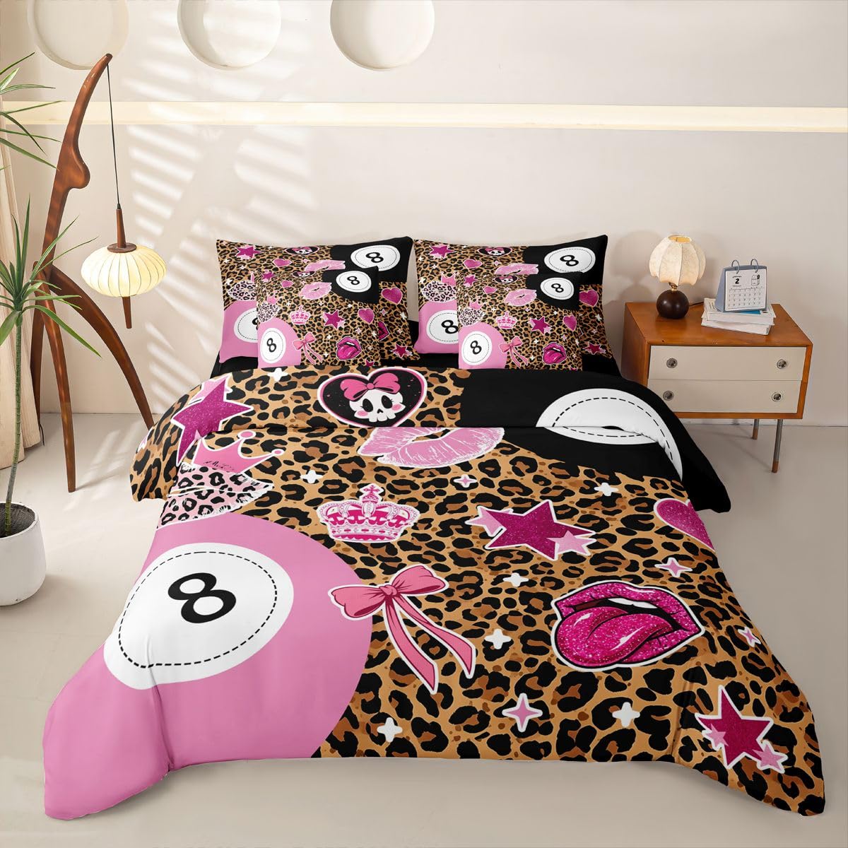 Loussiesd Juego de funda de edredón de 8 bolas, tamaño Super King, 7 piezas, estampado de leopardo marrón, juego de ropa de cama en una bolsa con funda de edredón, sábanas, fundas de almohada y fundas