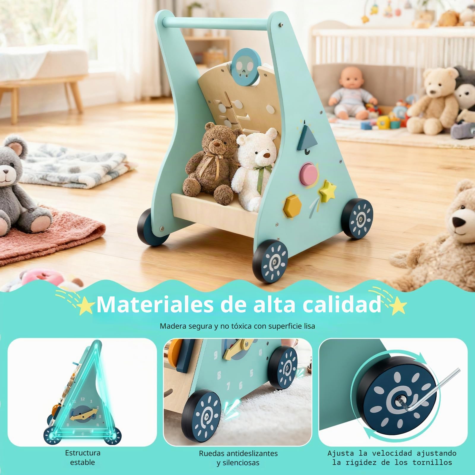 Andador de Madera para Bebé - Andador Multifuncional con Juguete de Motricidad - Juguete de Aprendizaje Montessori con Asa - 8 Zonas de Juego Diferentes - Regalo para Niños y Niñas a Partir de 1 Año
