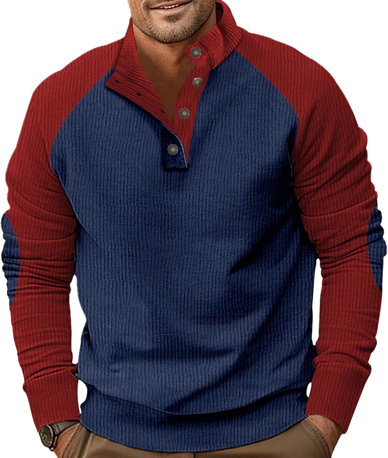 Men's Solid Color Corduroy Half Collar Shirts Brown Long Sleeve Lightweight Casual ...