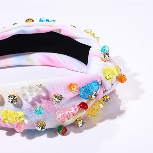 Miniatura 3 de ZITULRY Diadema anudada para mujer, de cristal, osito de gomita, adornado con nudo superior, diadema de moda con turbante ancho, regalos divertidos