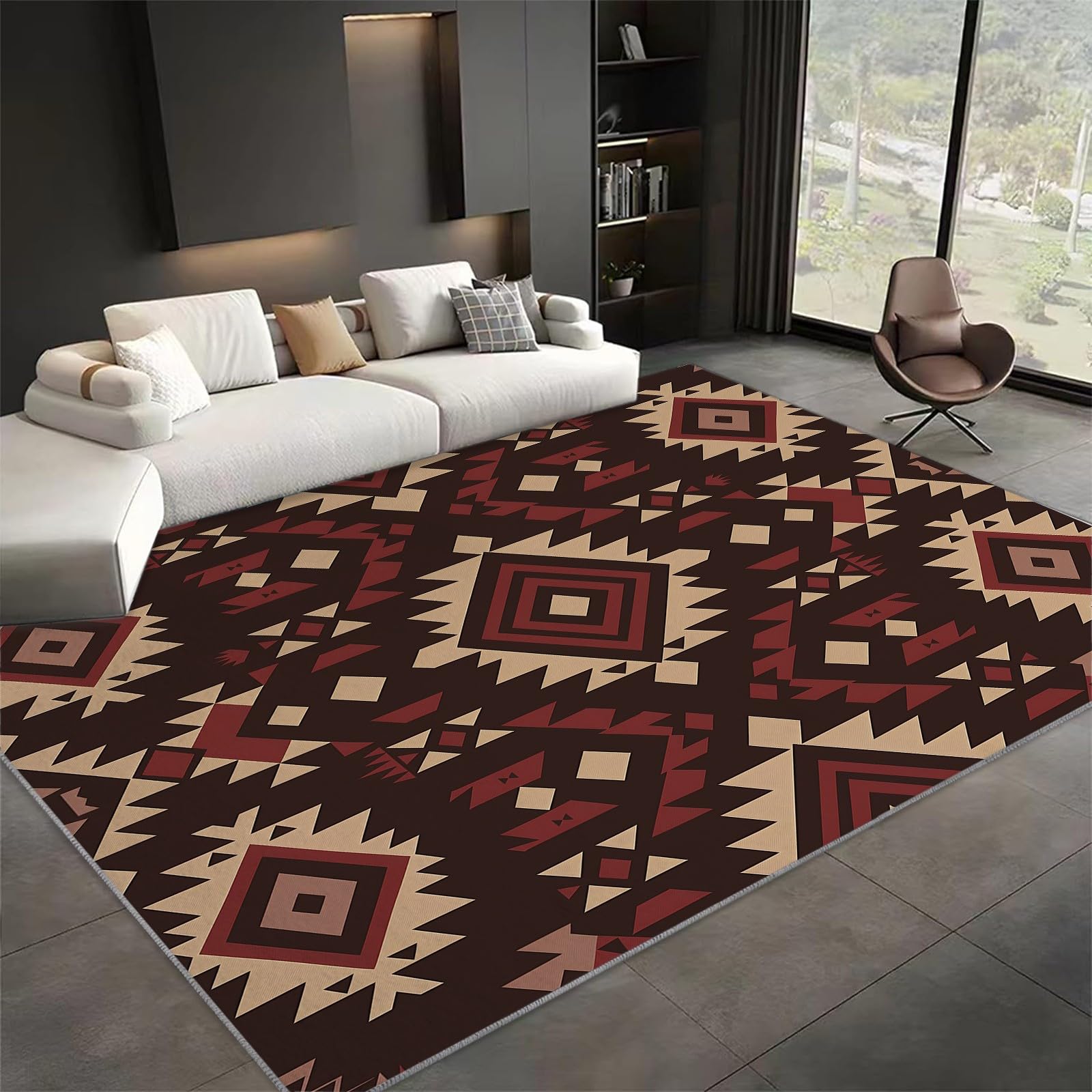 Tapis Chambre Traditionnel Motif Aztèque Rouge Profond Tapis de Salon 80x150 cmTapis de Salon Doux à Poils Courts Tapis Antidérapant Intérieur Moelleux pour Salon Chambre Salle à Manger Bureau