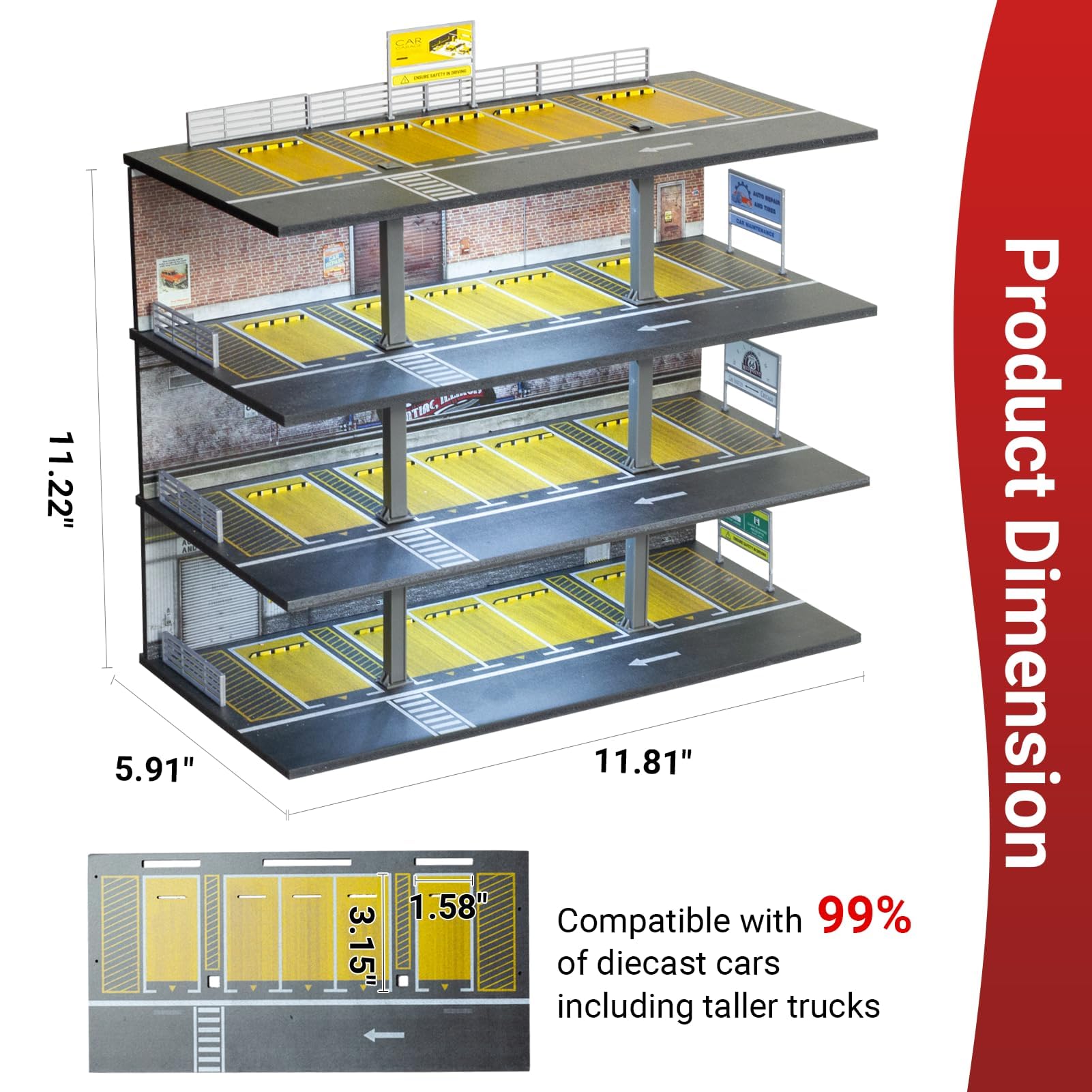 1:64 Diorama Garage Modello, Illuminazione LED 4 piani Parcheggio Scena Display Case, per 1:64 Diecast Modellino Auto Vetrina Modello, Edificio