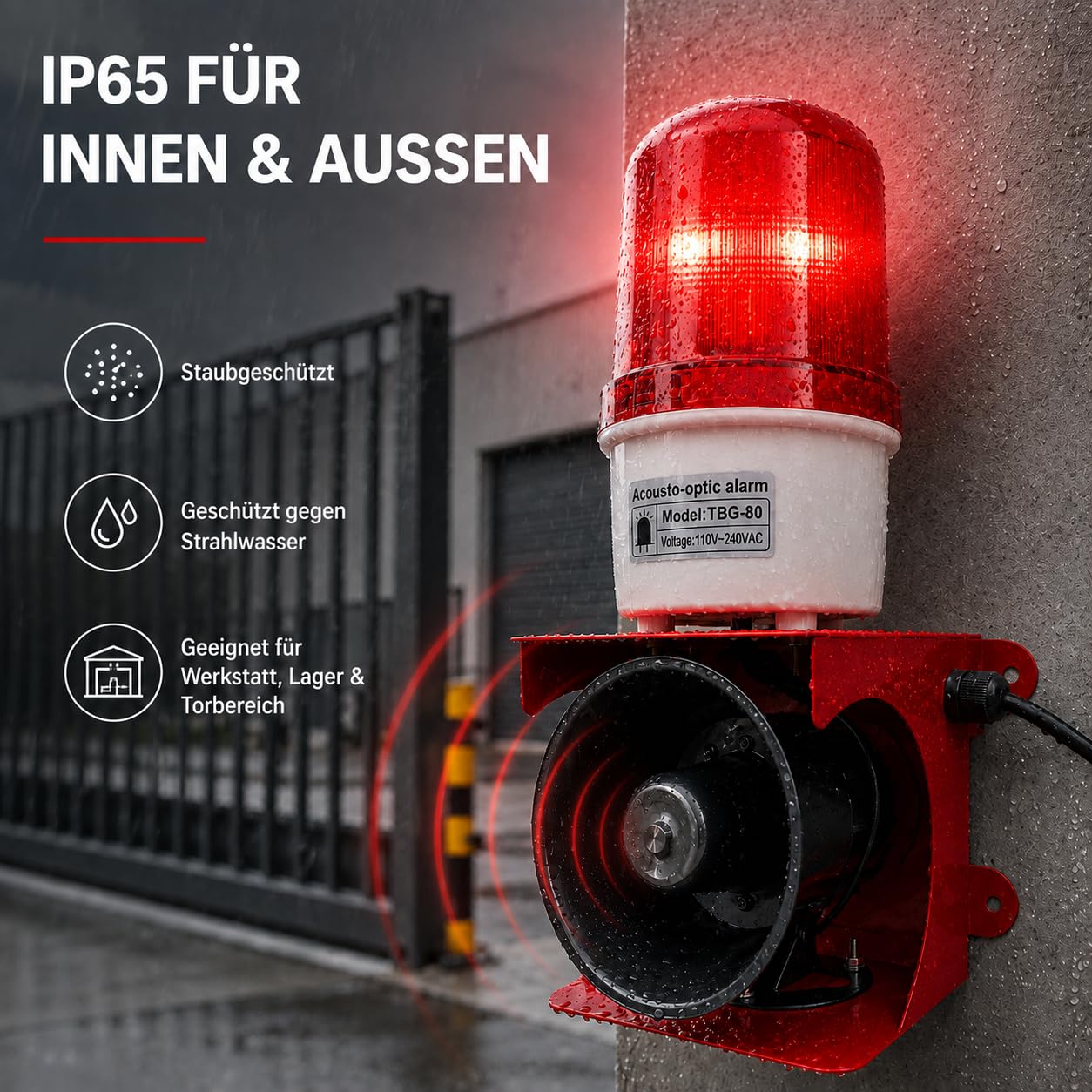 Valchoose Industrielle Alarmsirene 115 dB mit LED-Blitzlicht, IP65