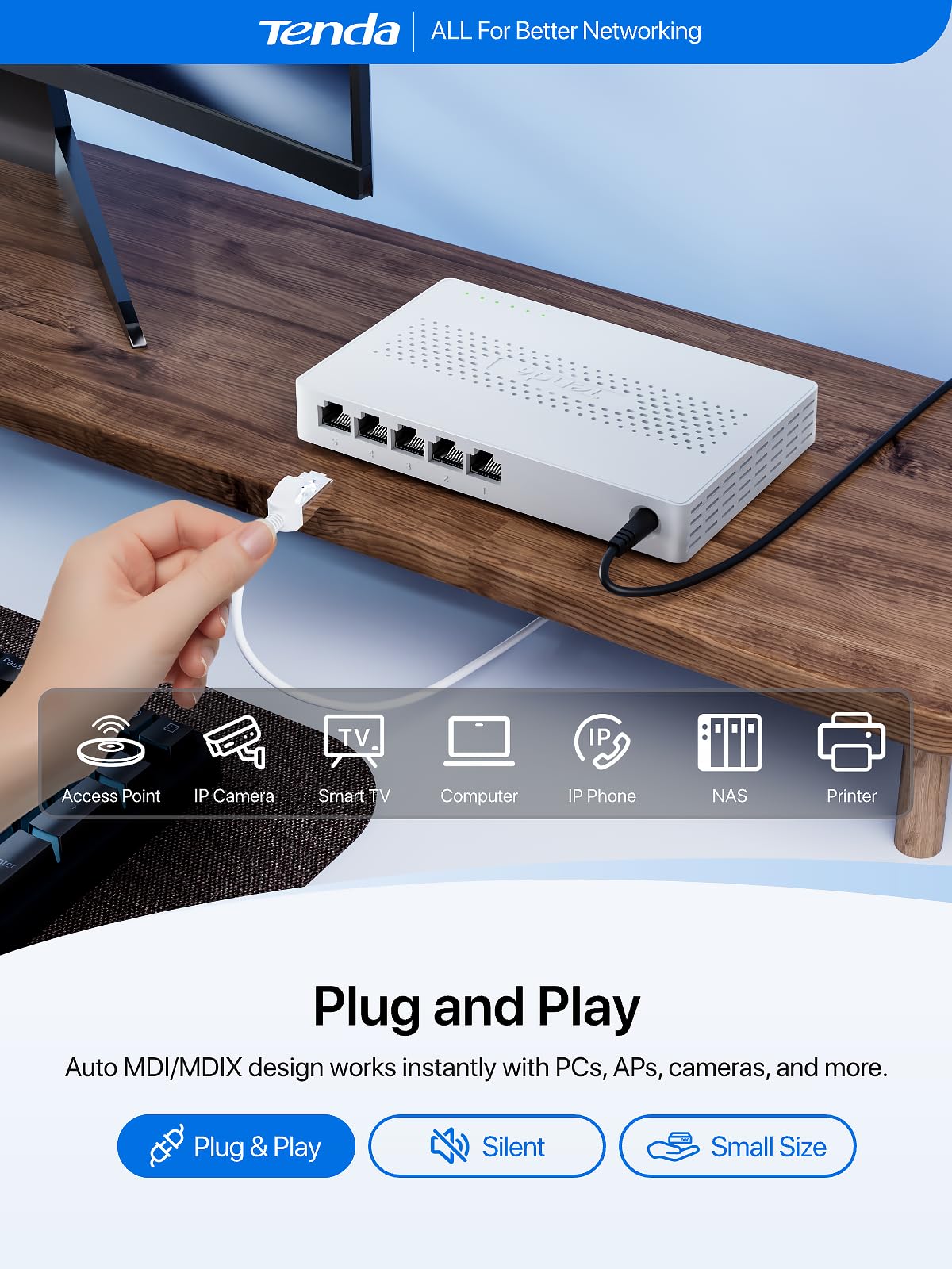 Tenda SE105 Commutateur Ethernet non géré 5 ports 2,5 G, 4 ports Base-T 2,5 G, capacité de commutation de 25 Gbit/s, compatible avec 100/1000/2500 Mbps, pour divertissement à domicile ou réseau SOHO