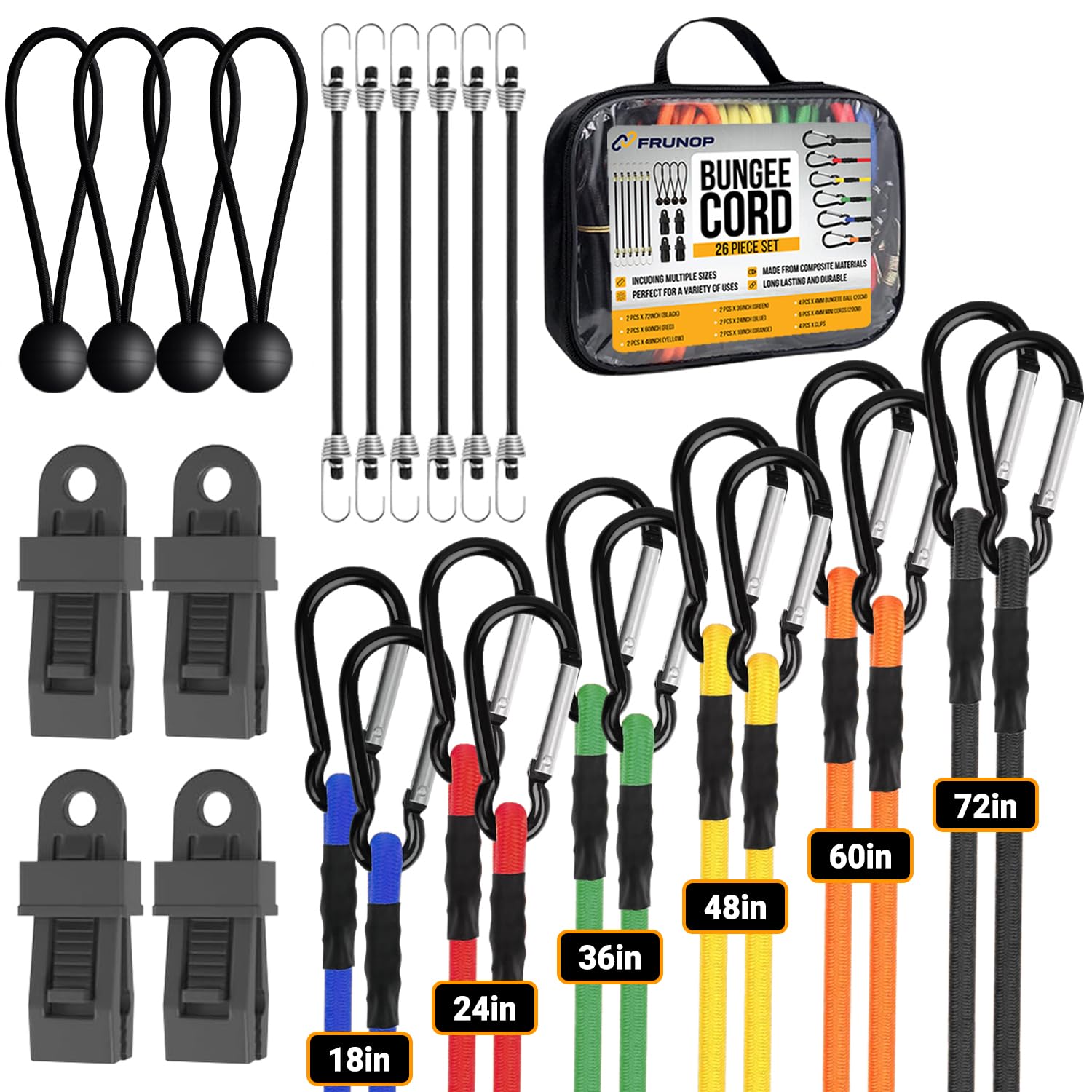 Lot De 30 Tendeurs élastiques Avec Mousqueton, Tailles Assorties En 152,4 Cm, 121,9 Cm