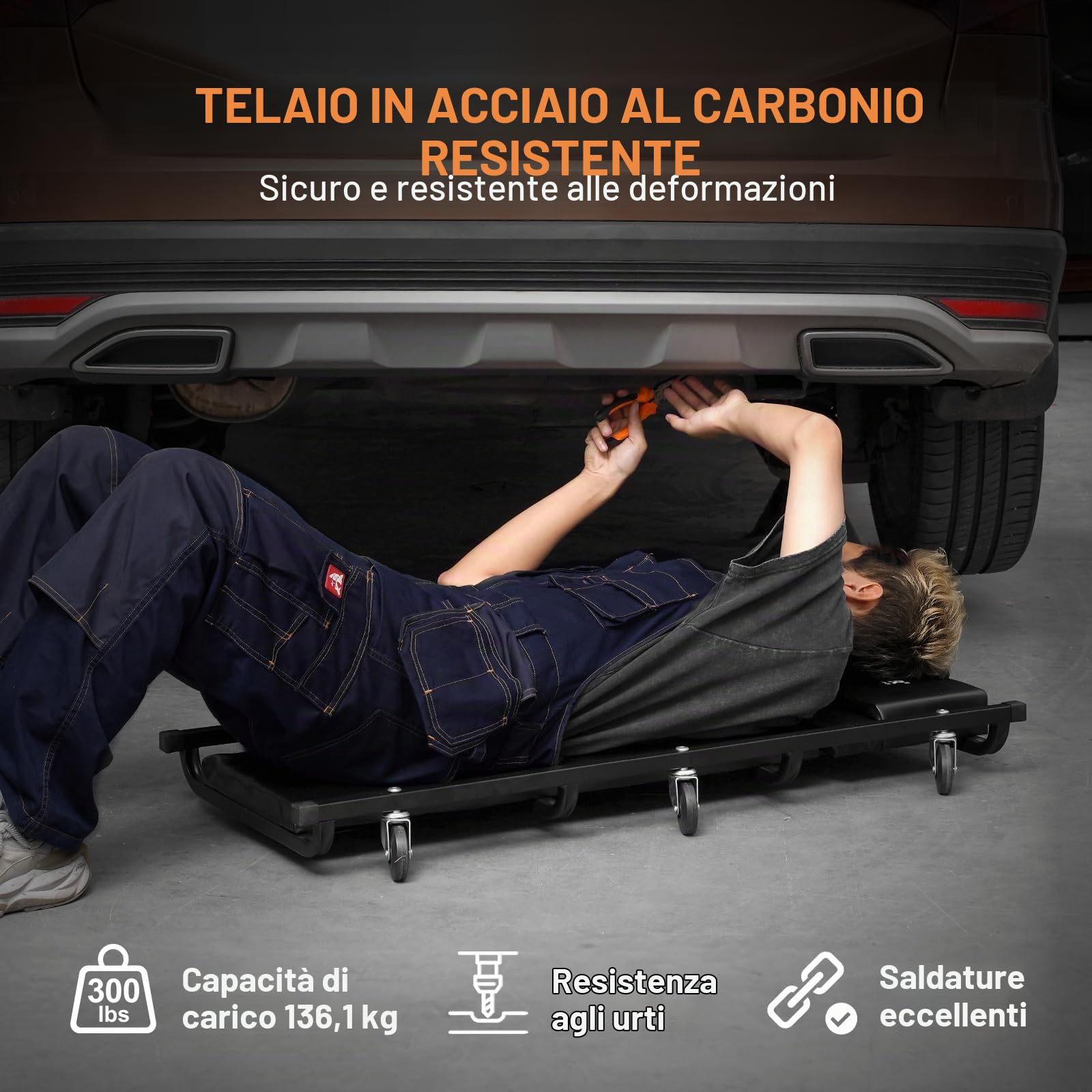 VEVOR Carrello per Garage Meccanico, 1016 mm, Capacità 136,1 kg, Carrello Auto 6 Ruote, Poggiatesta Ammortizzato Regolabile, Vassoio Portautensili, Telaio in Acciaio Resistente per Garage Officine