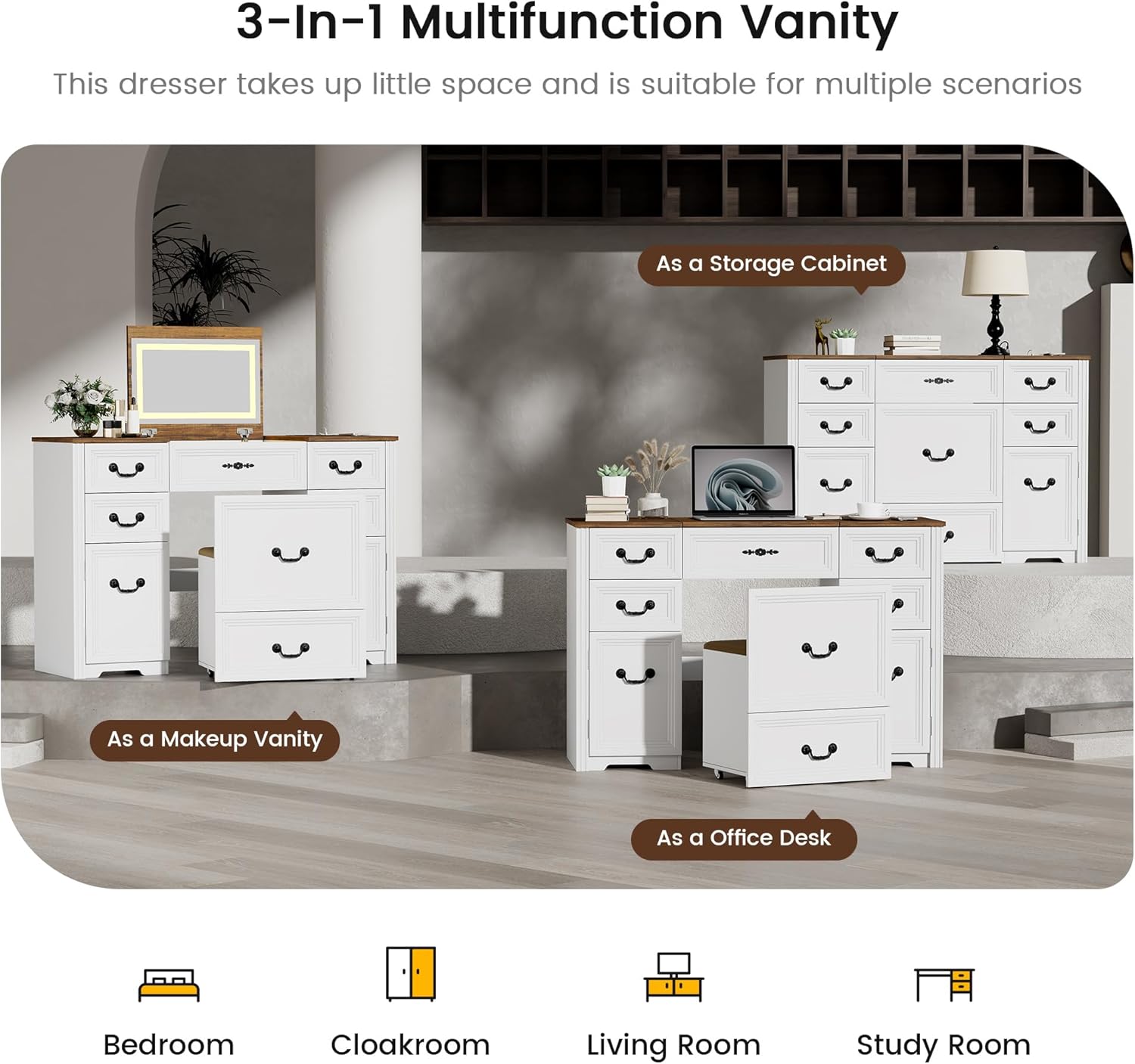 Illustration of the HWB Vanity Desk's 3 adjustable lighting modes: Warm, Cool, and Blue Light, with brightness control.