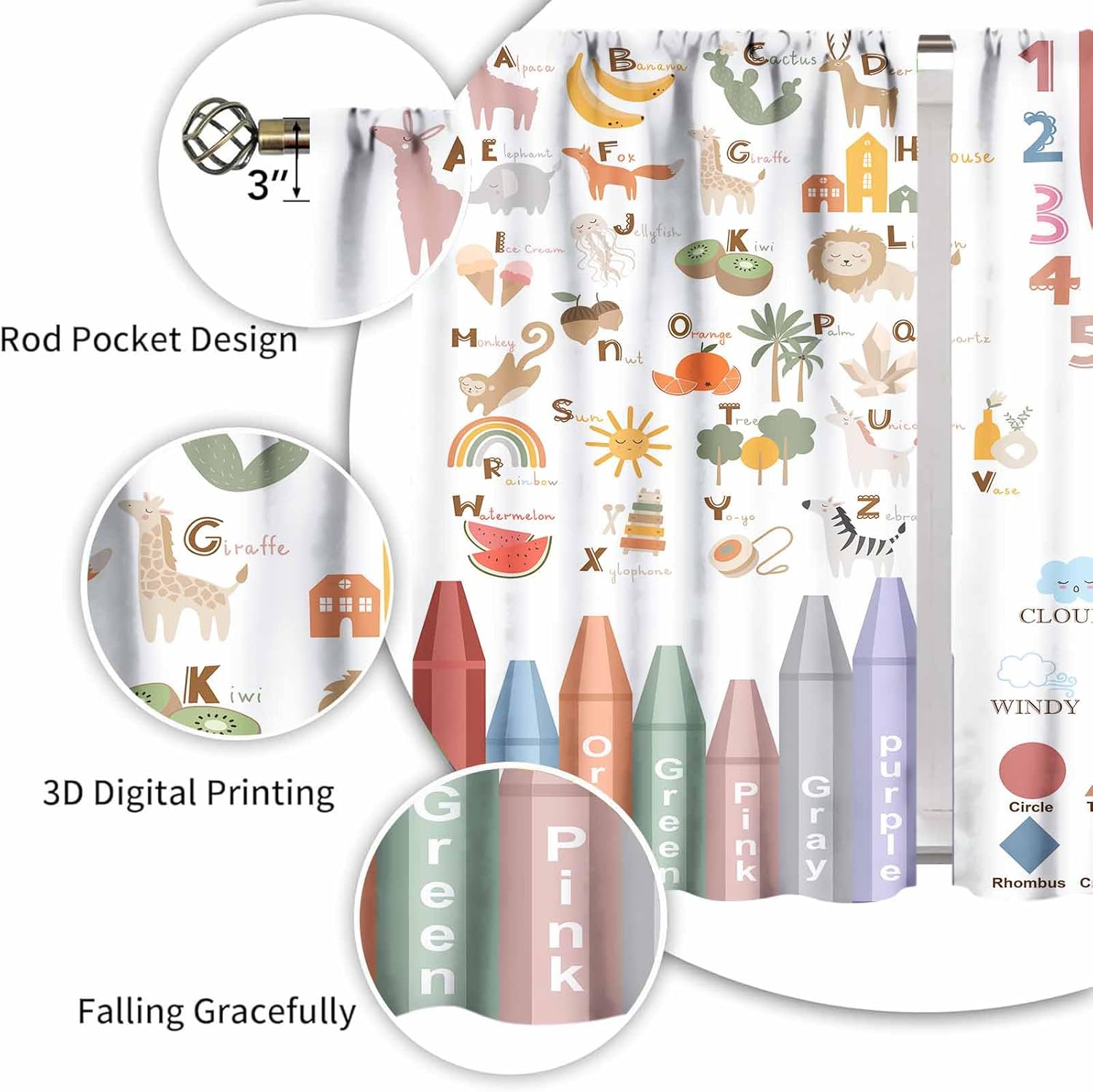 Kids Alphabet Curtain for Bedroom,Cartoon Rainbow Alphabet Learning Daycare Preschool Classroom Curtains Educational Nursery Playroom Living Room Window Drapes 2 Panel,42X54 Inch