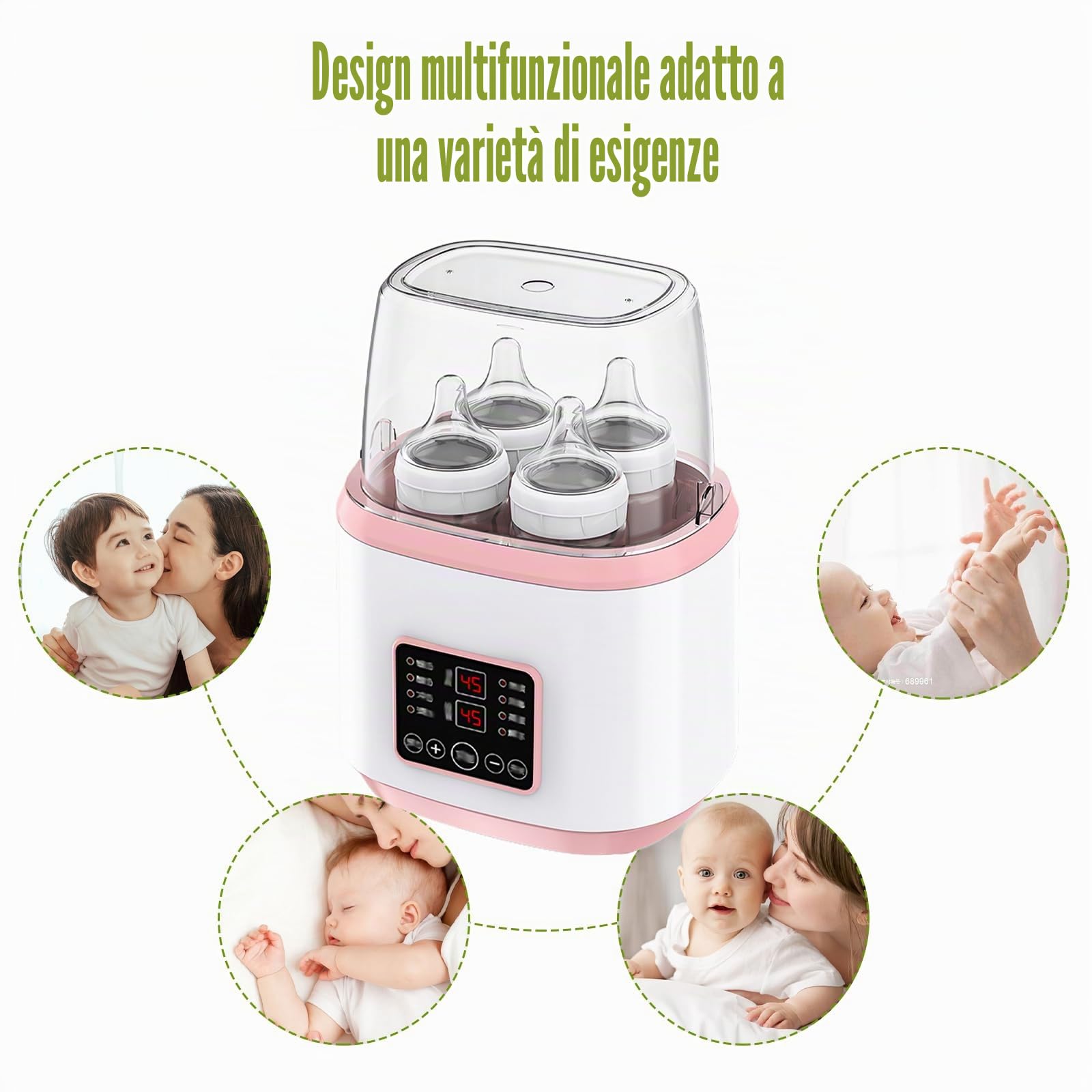 8 in 1 scaldabiberon, sterilizzatore per biberon, scaldabiberon rapido per neonati, scaldabagno e sbrinamento con display LCD, senza BPA, rosa