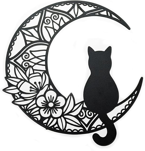 EYONGLION Black Cat And Moon Wall Art,Moon Phase Wall Art,Black Cat On The Moon Wall Pediments,Black Cat Wall Sculpture For Cats Lover
