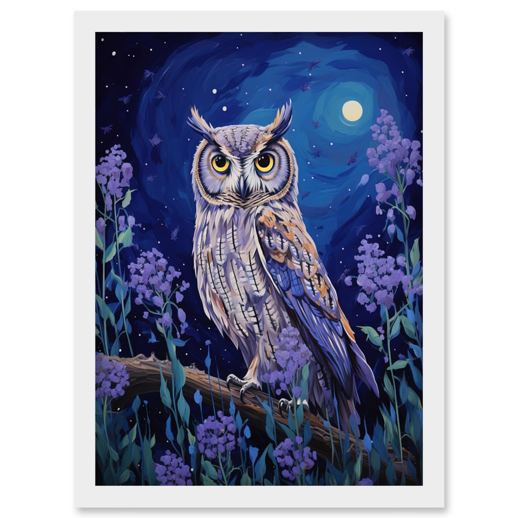 Great Horned Owl in Lavender Field Full Moon Night Framed Wall Art Print A4