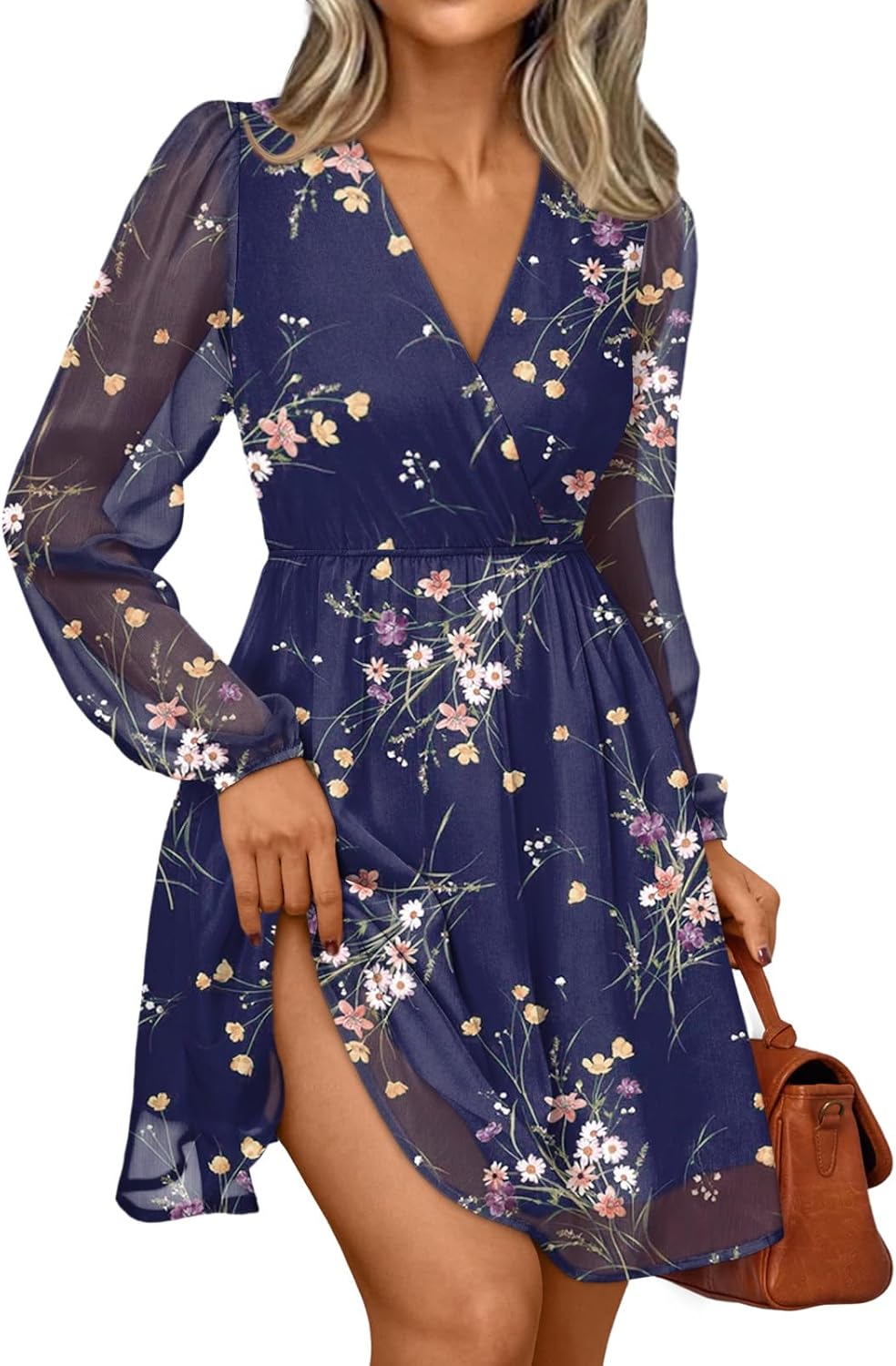 LILLUSORY Womens Long Sleeve Wedding Guest Dresses Winter 2026 Casual Fall Fashion V Neck Mini Chiffon Dress Flowy Clothes