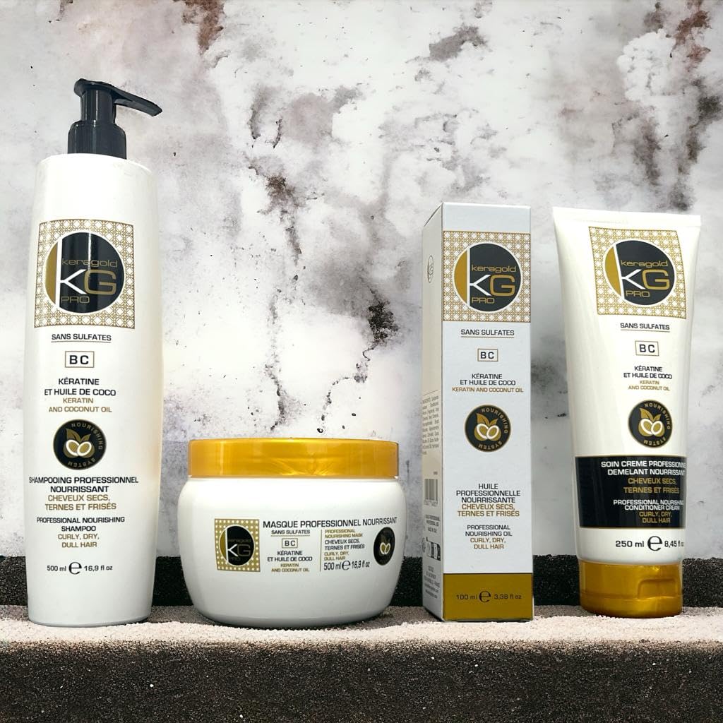 KERAGOLD PRO - Confezione Ultimate Premium 4 prodotti - Senza Solfati Shampoo 500ml + Maschera 500ml + Siero 100ml + Cura senza risciacquo (KG BC KERATINE & OLIO DI COCOCO)
