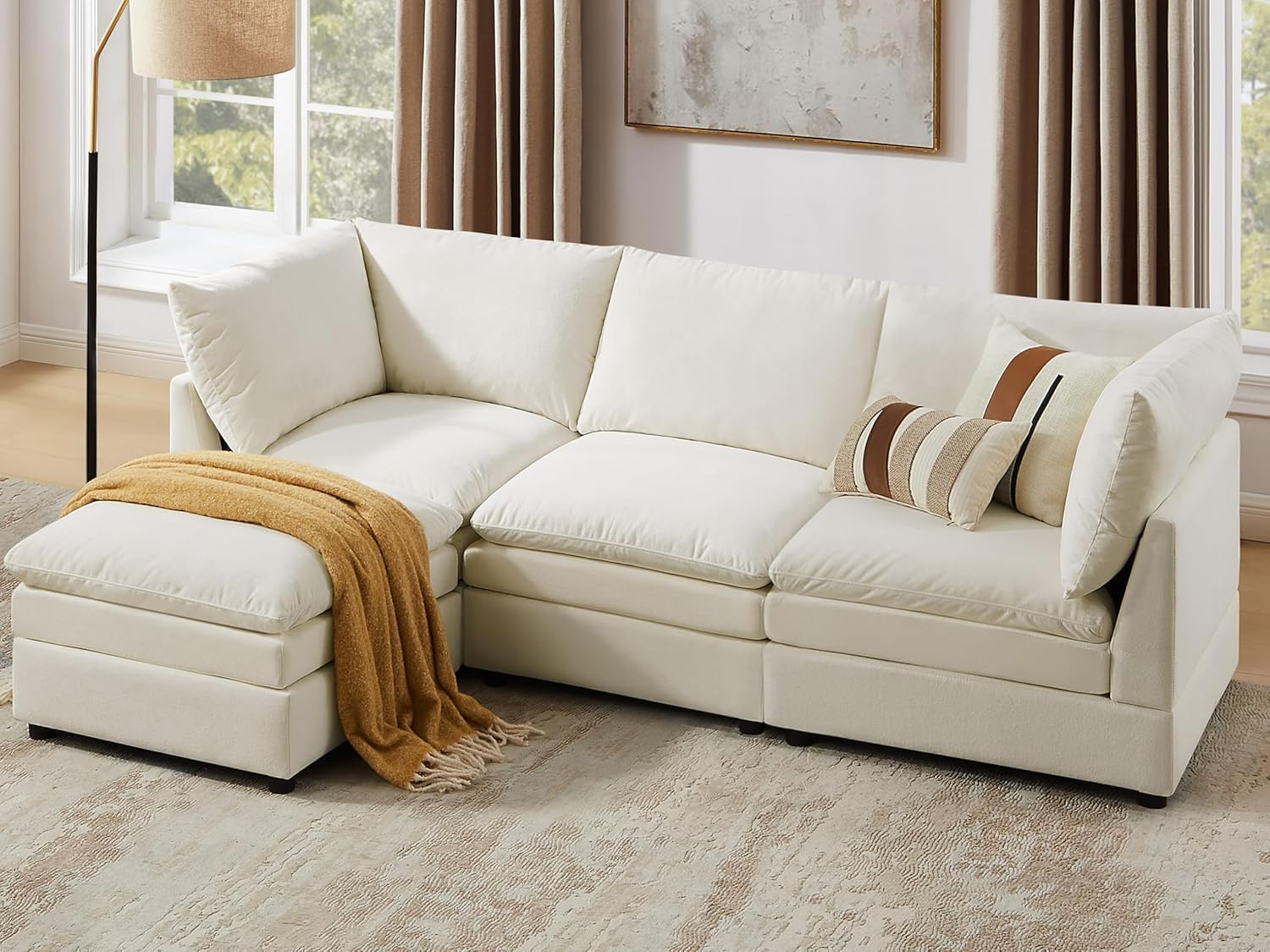 VANOMi 98" L Shape Modular Sectional Cloud Sofa Couches, Convertible Sleeper Sofa with Thick Cushion Movable Ottoman for Bedroom, Apartment, Upholstered Comfy Living Room Sofa Set, Ivory White